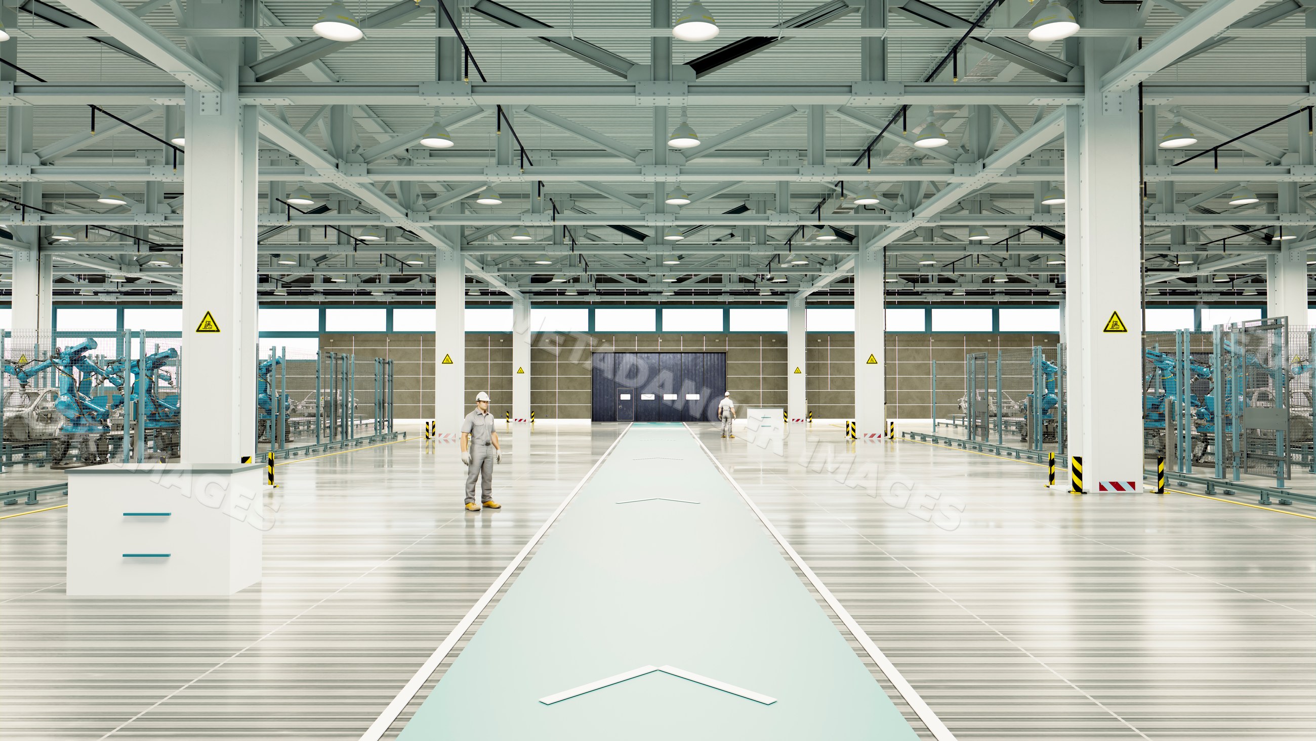 Car manufacturing factory interior with robotic arms and workers