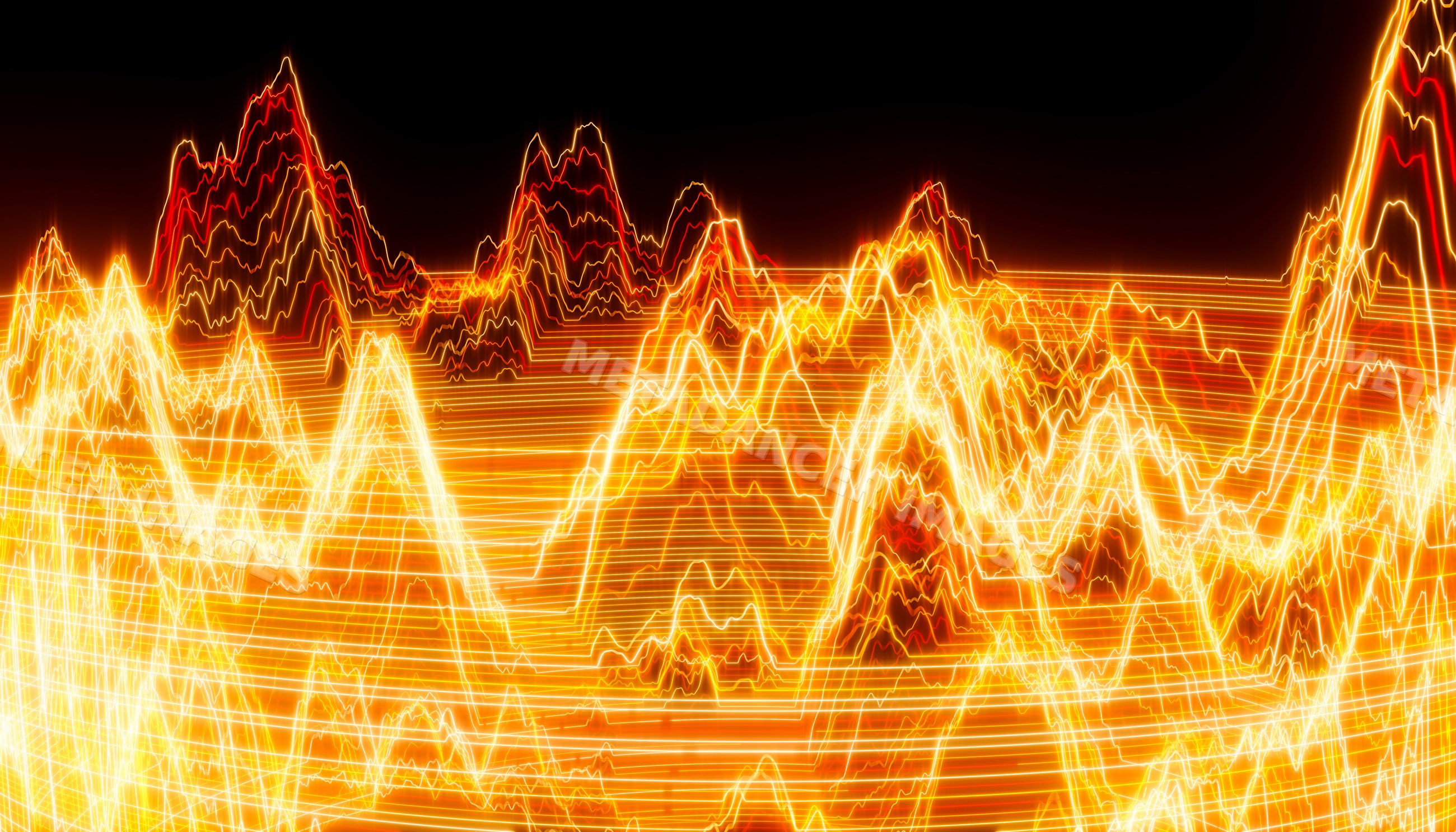 Abstract glowing orange and red waveforms with digital light lines