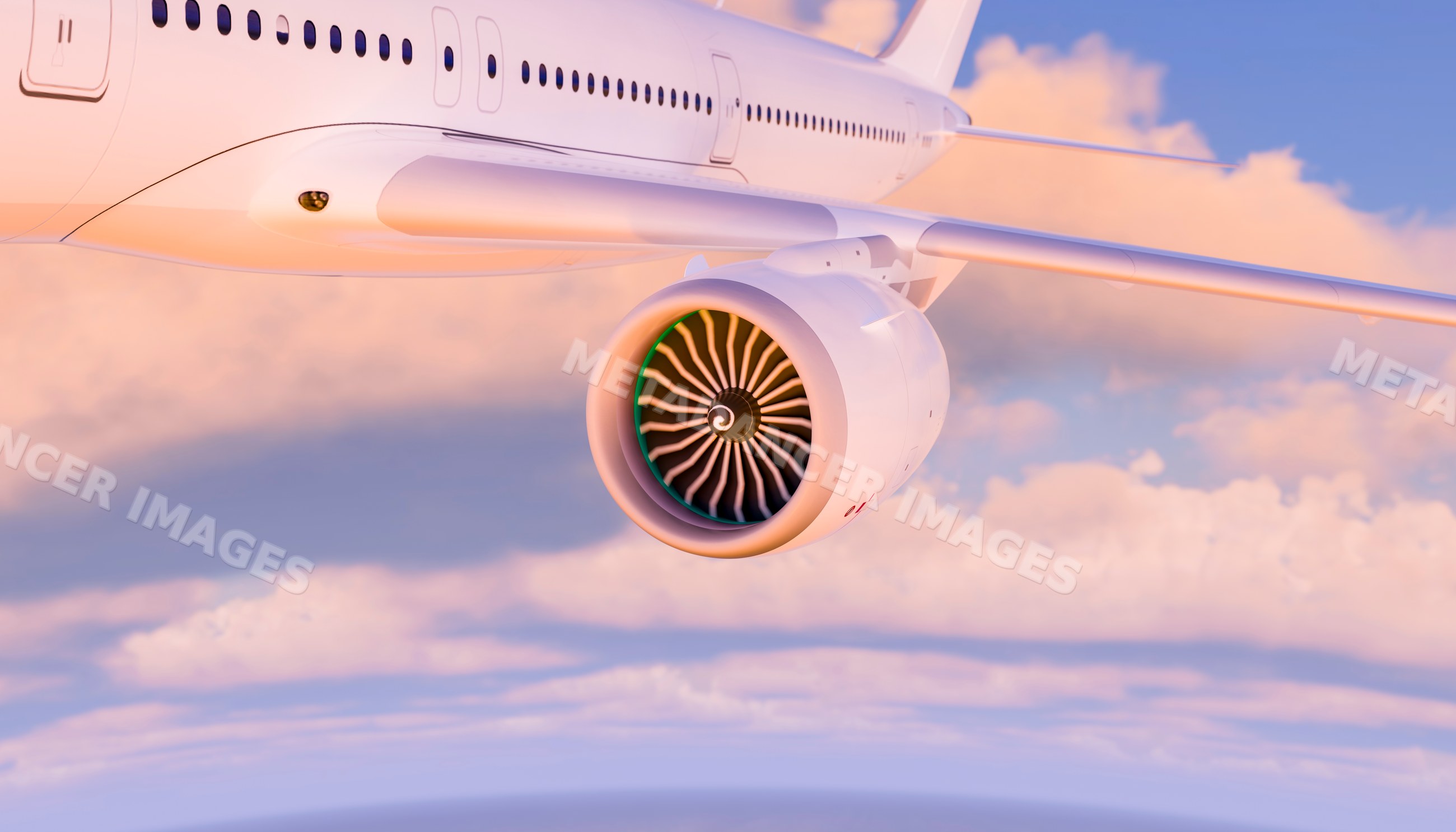 Close-up of an airplane turbine engine in flight through the sky