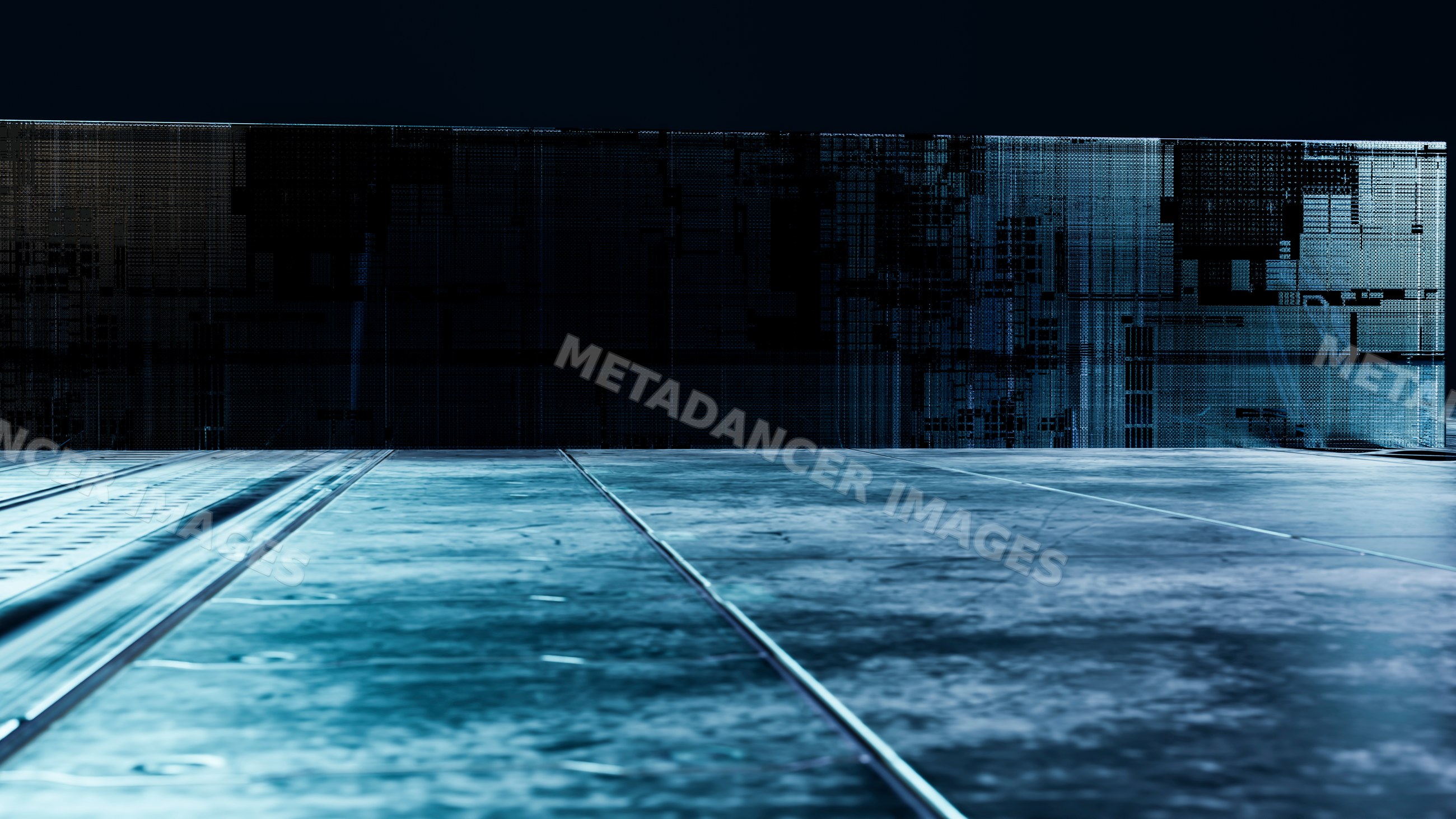 Industrial metal floor panels and dark textured metal wall