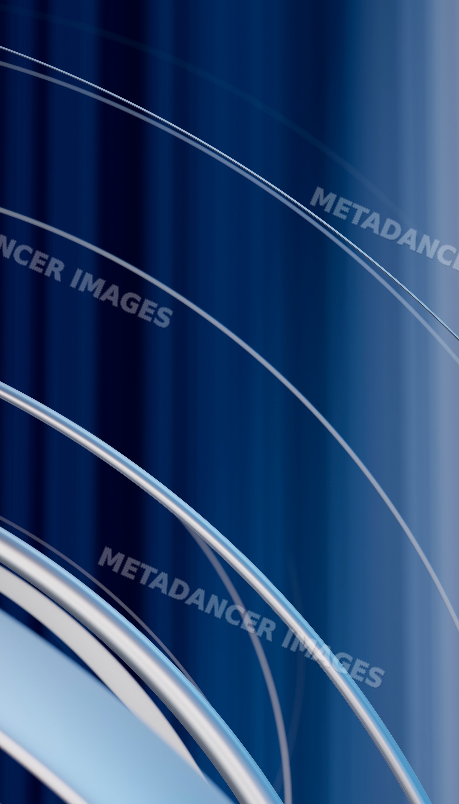 Abstract curved metallic silver rings on blue gradient background