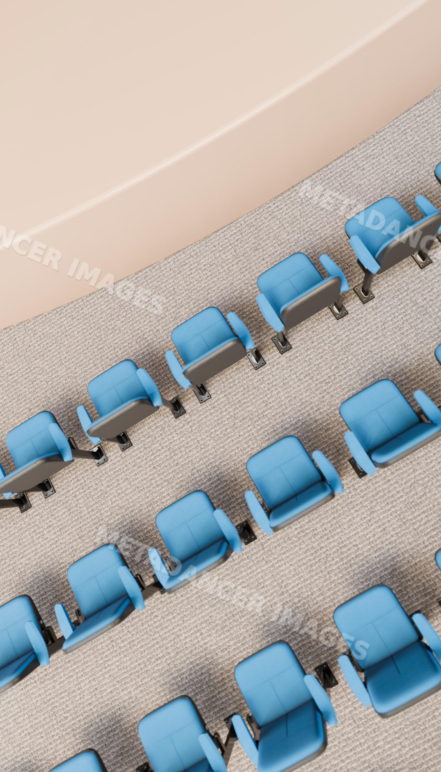 Blue chairs aligned in rows in a conference room