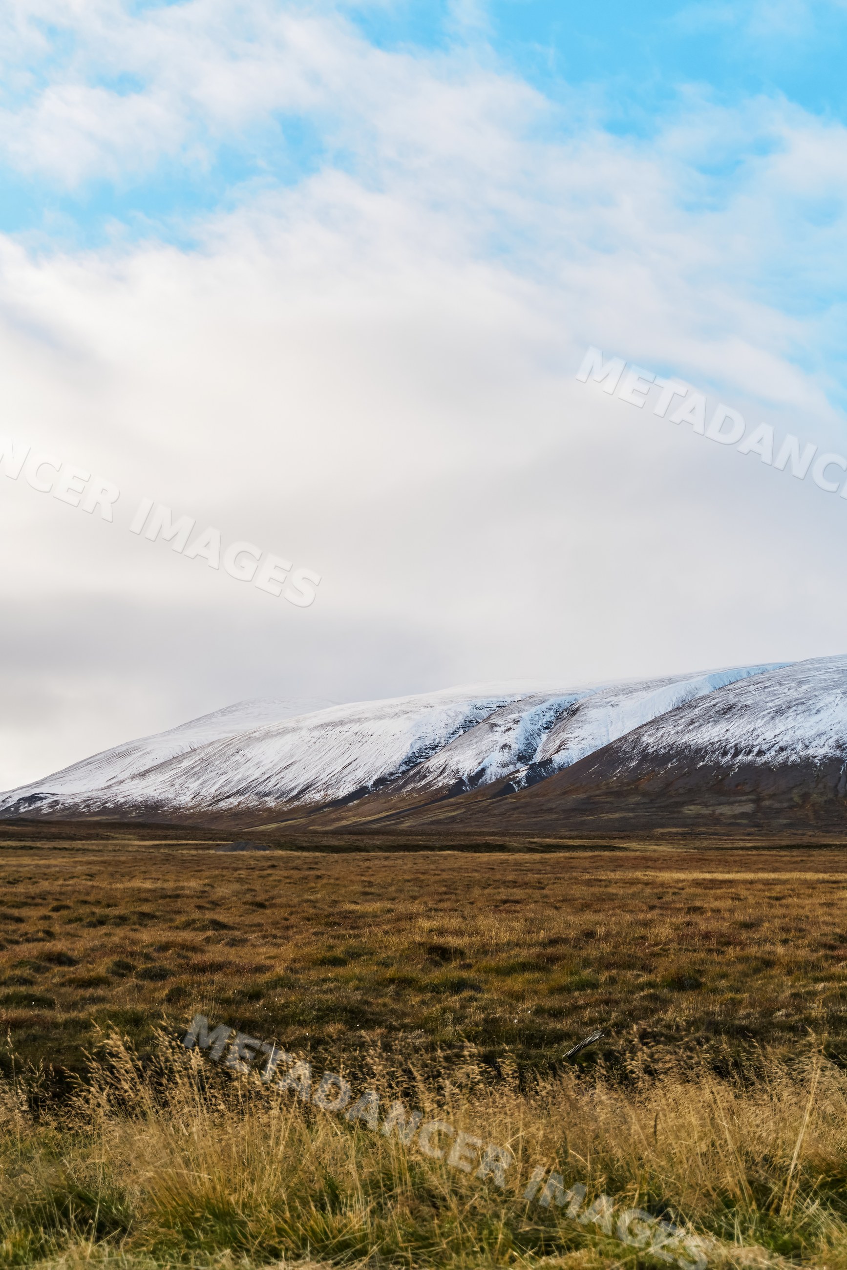 Snowy mountain and vast grassland under cloudy sky