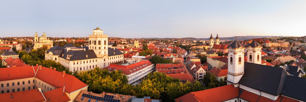 Eger cityscape with historic towers at Sunrise in Hungary