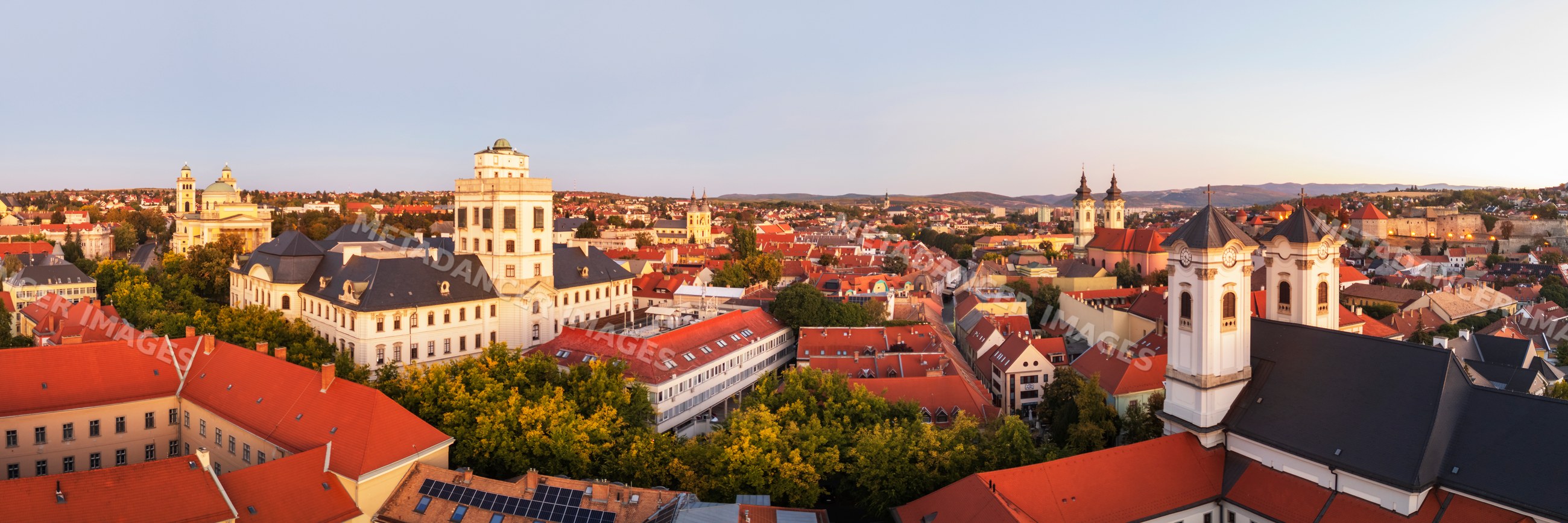 Eger cityscape with historic towers at Sunrise in Hungary