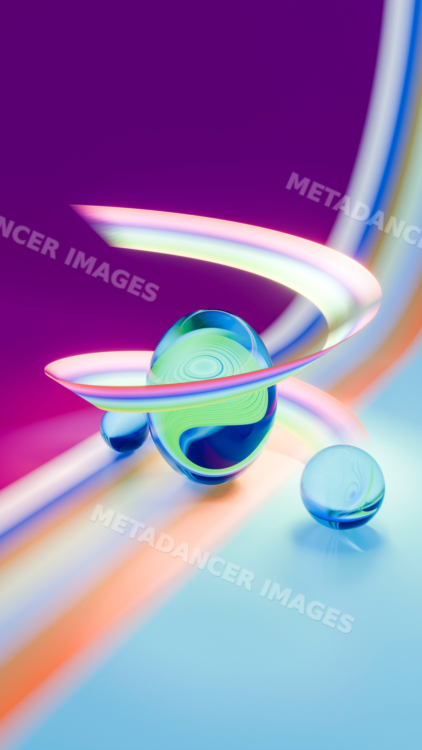 Abstract 3d spheres with swirling rainbow ribbon