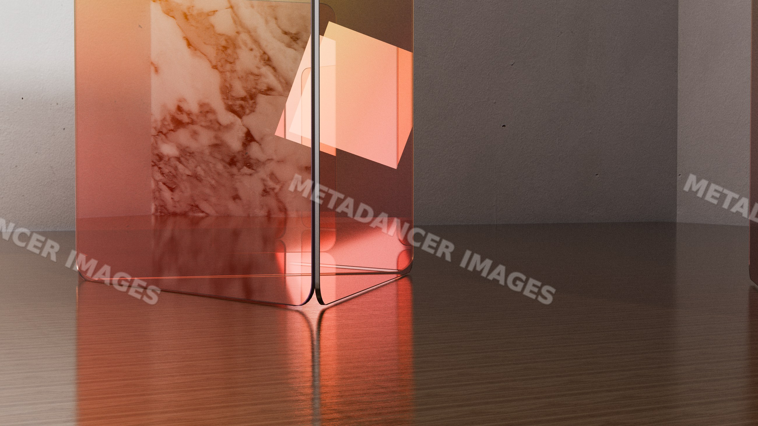 Transparent orange glass cube reflecting on wooden surface indoors