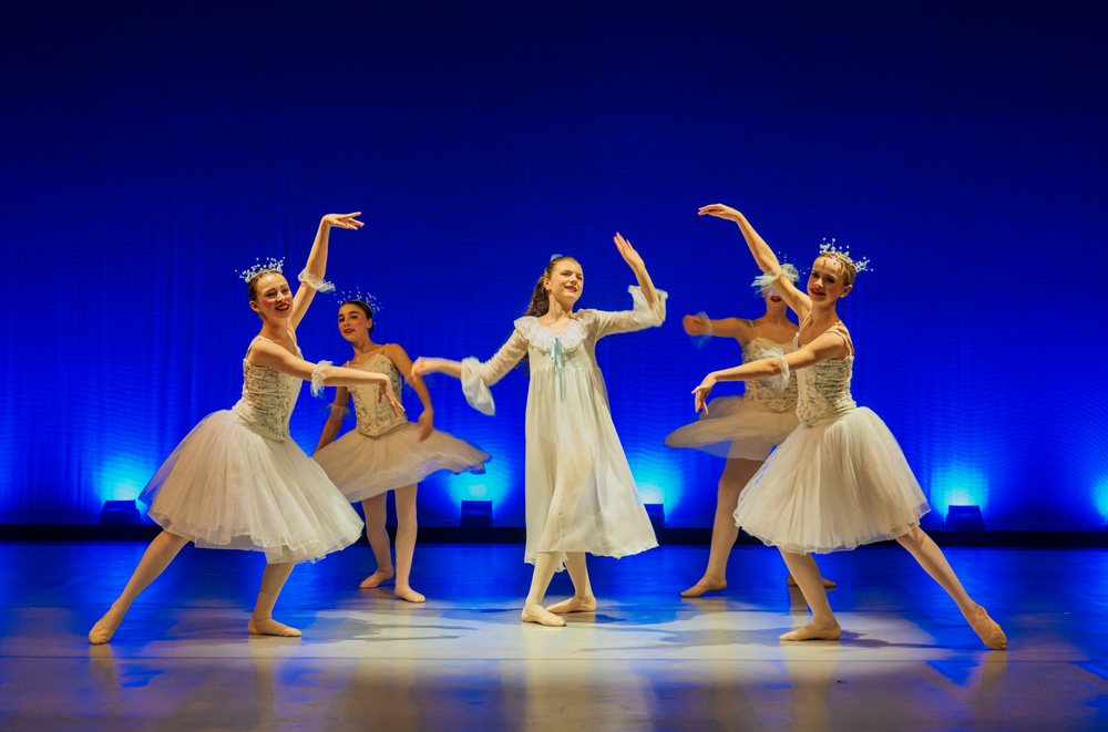 Young ballet dancers perform a classical ballet scene on stage