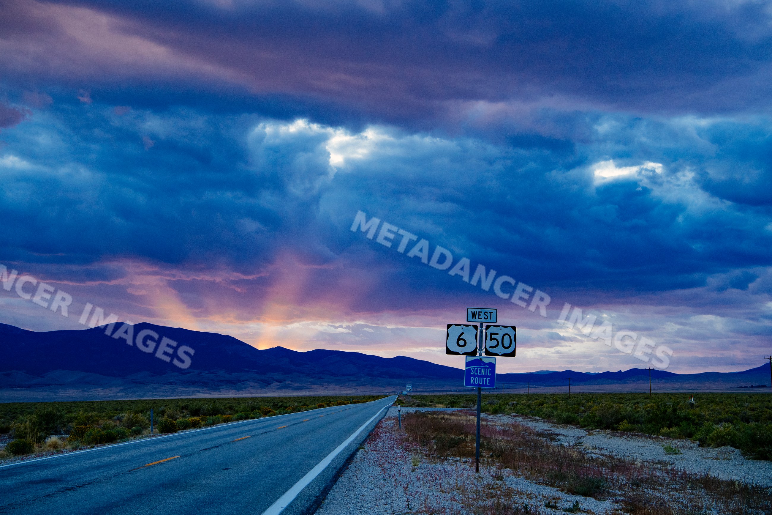 Open westbound highway 6 and 50 scenic route in Nevada at sunset