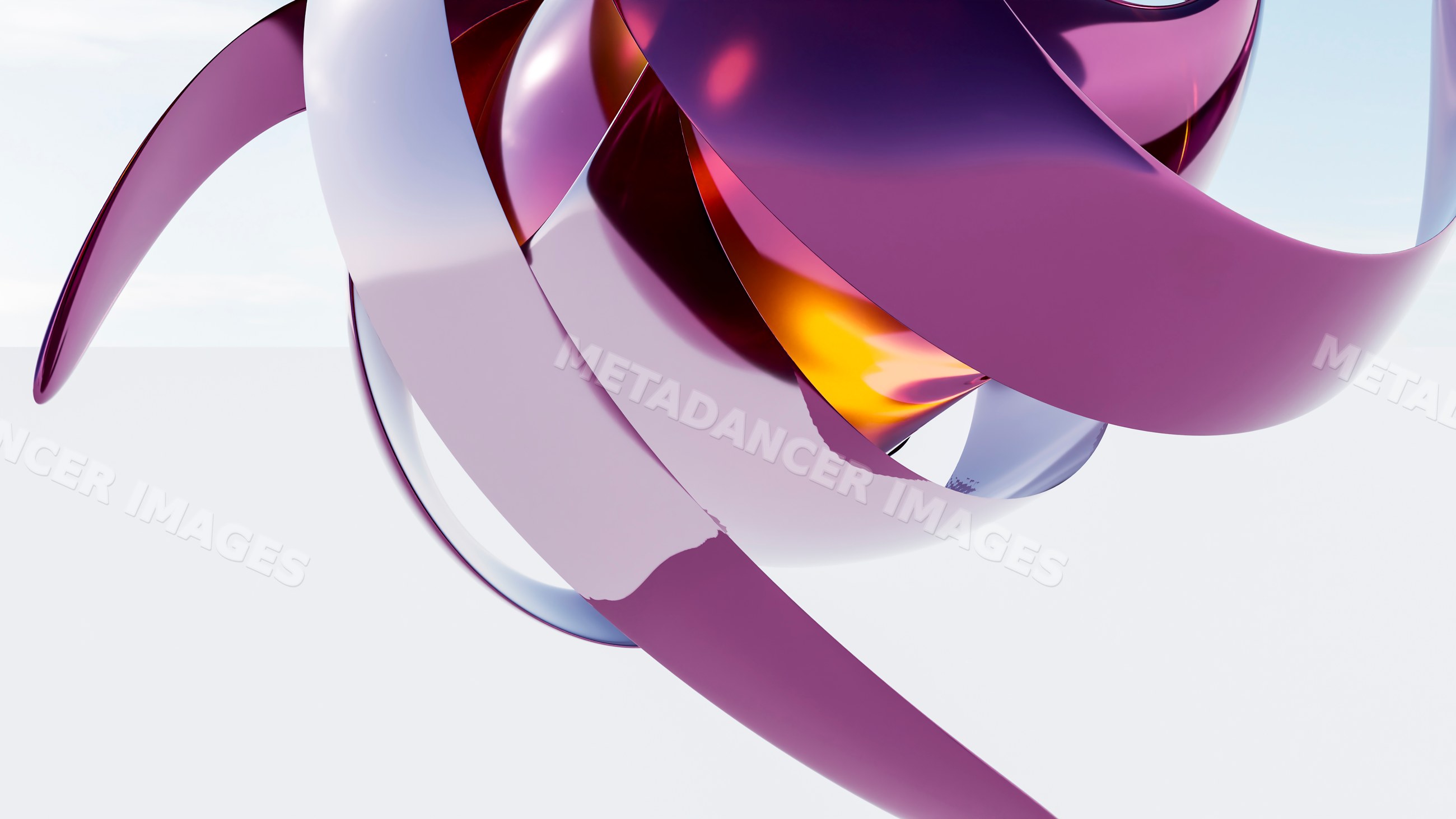 A digital 3d abstract sculpture showcasing curved purple and orange
