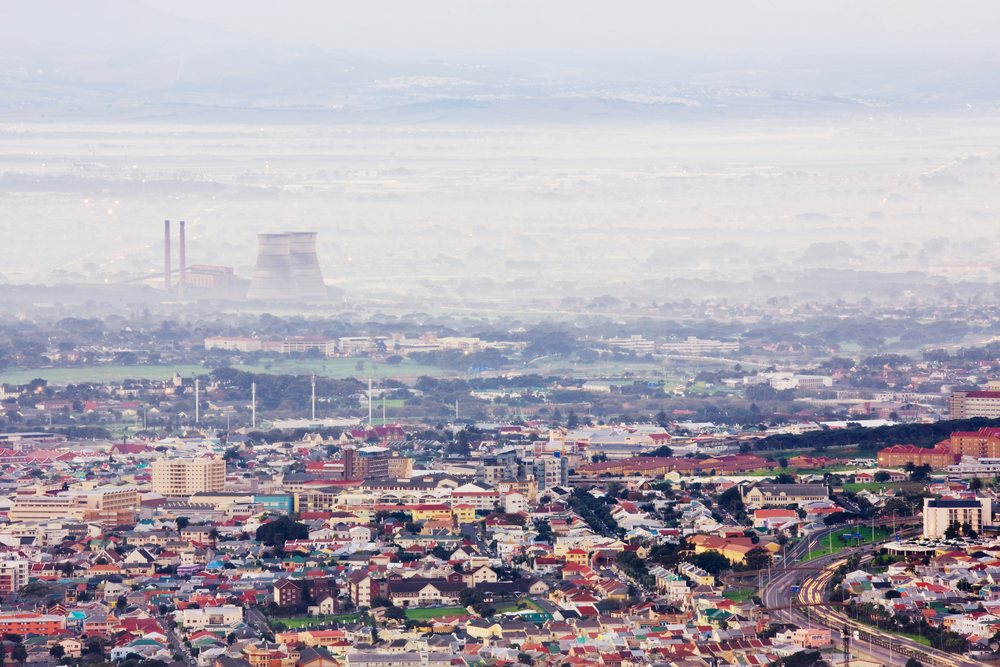 Aerial view of cape flats cityscape with morning fog, south africa
