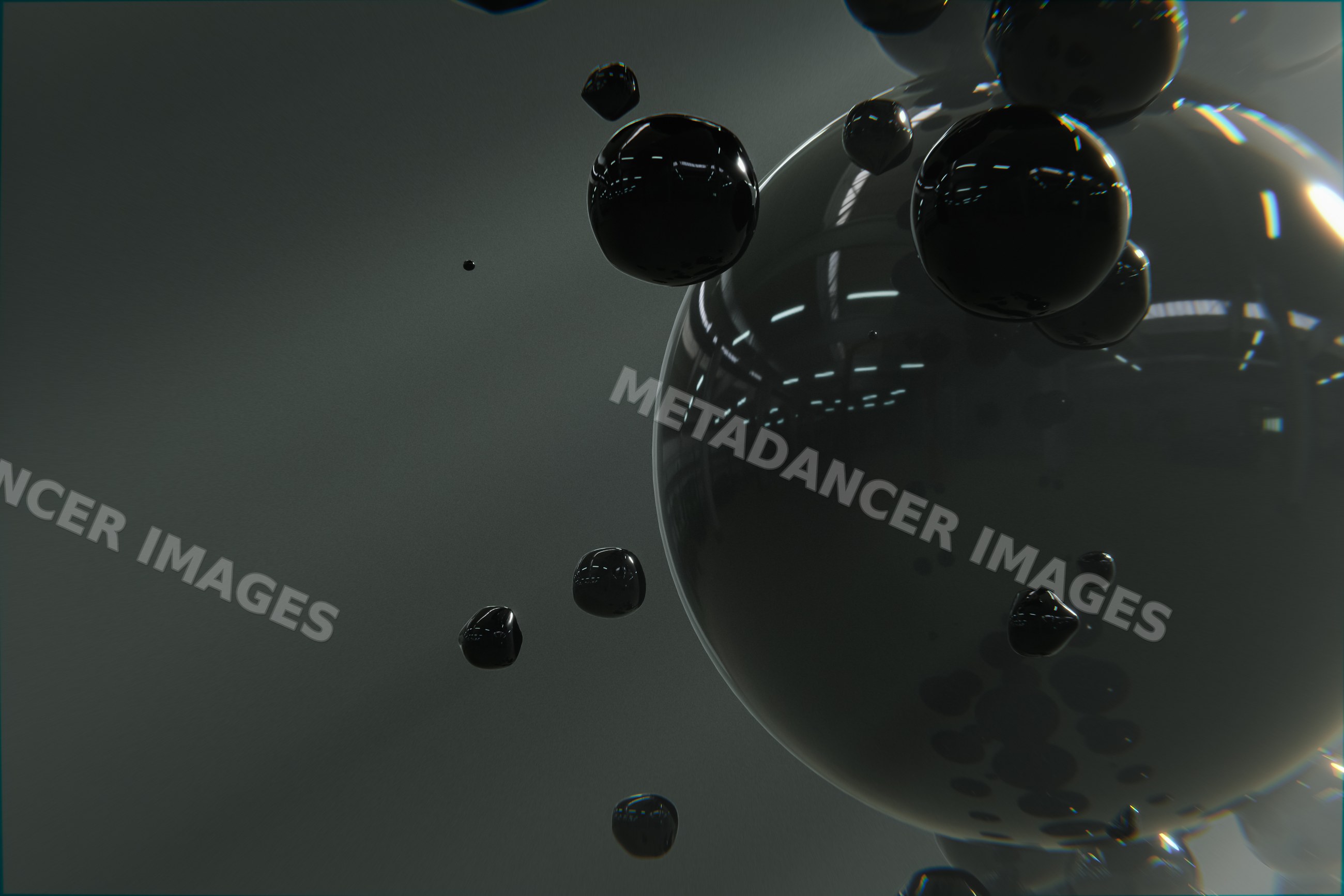Glossy black spheres floating in abstract dark background