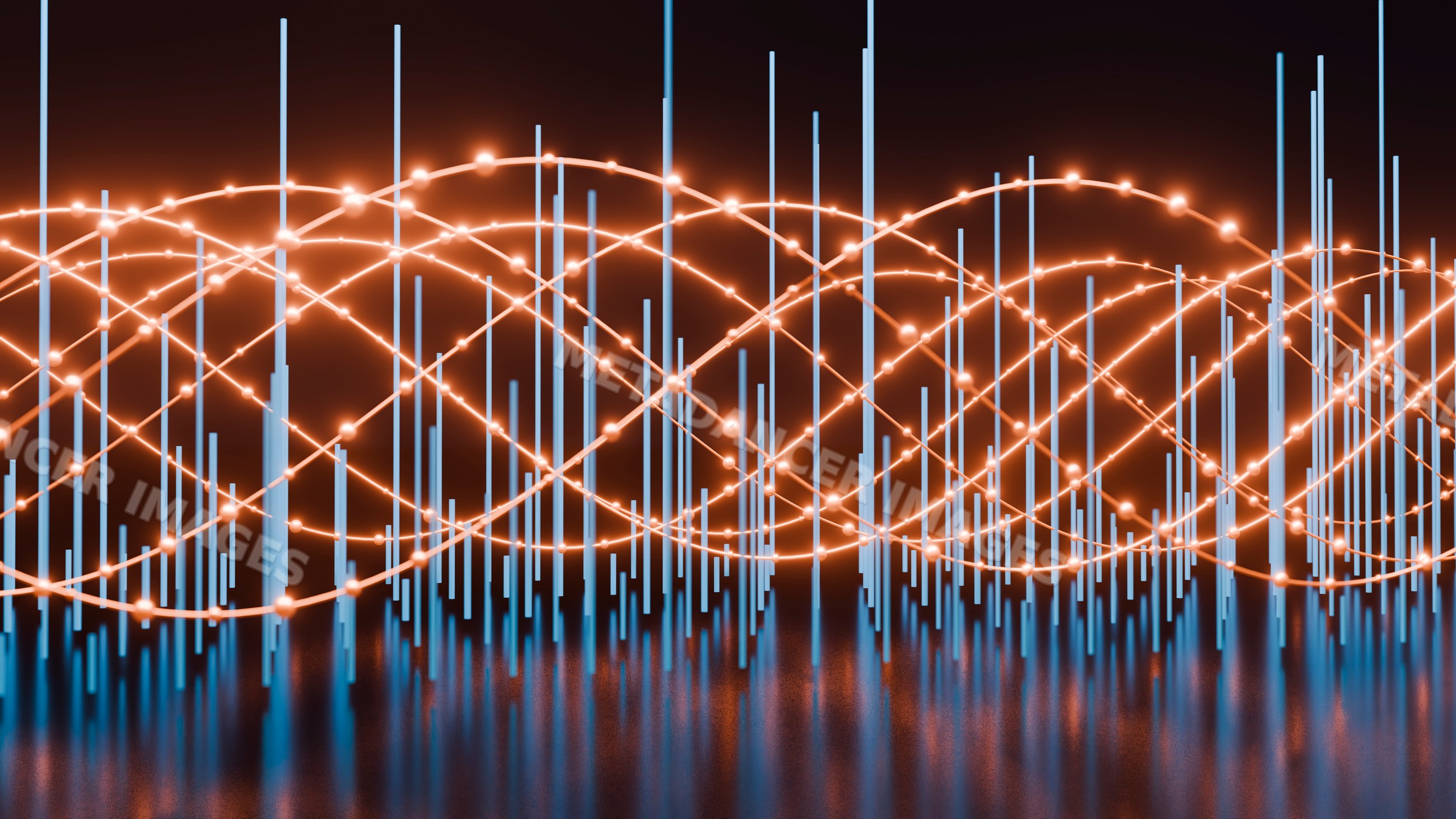 3d digital data visualization with blue bars and orange waveform