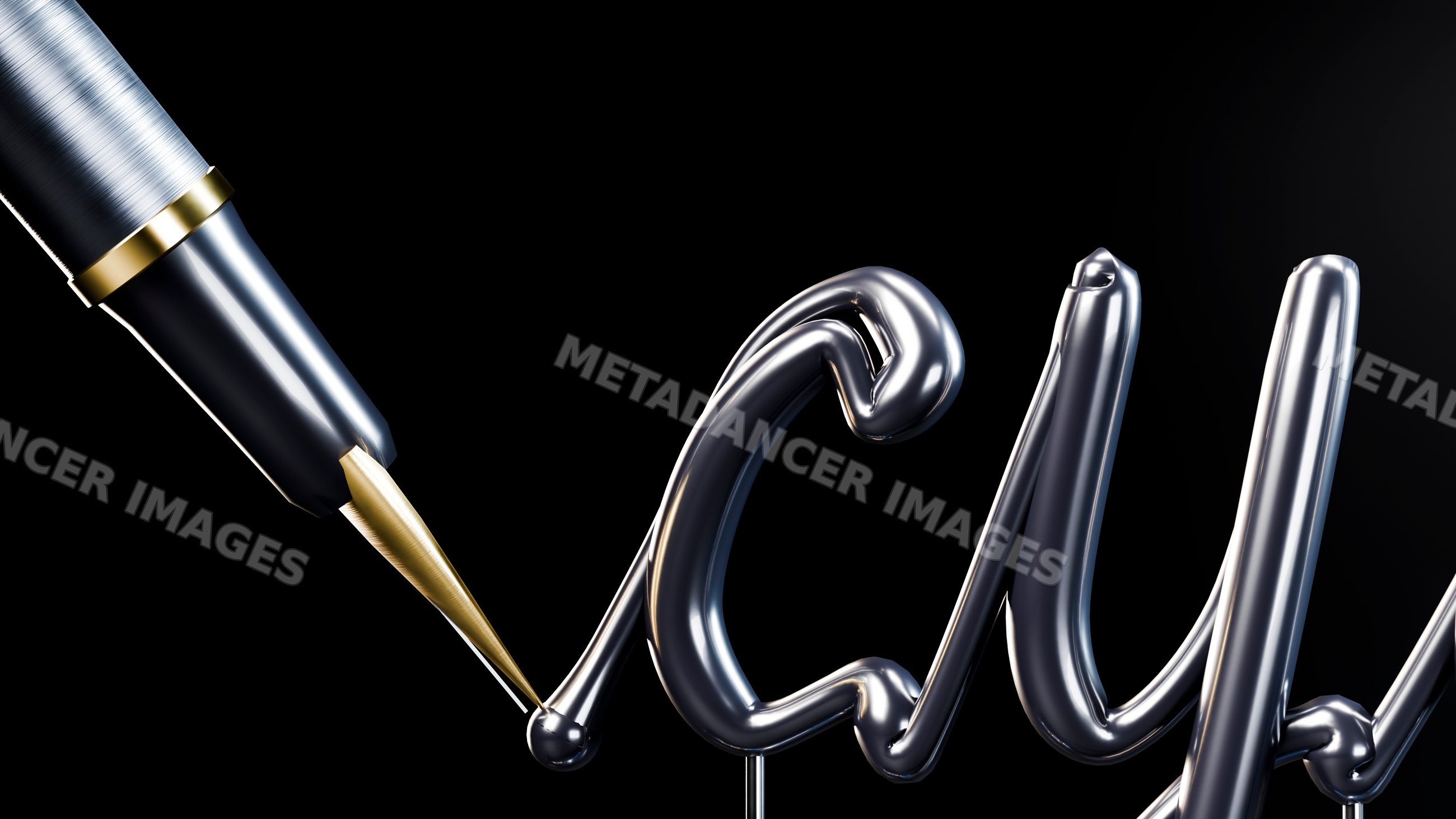 Metallic fountain pen creating elegant calligraphy script