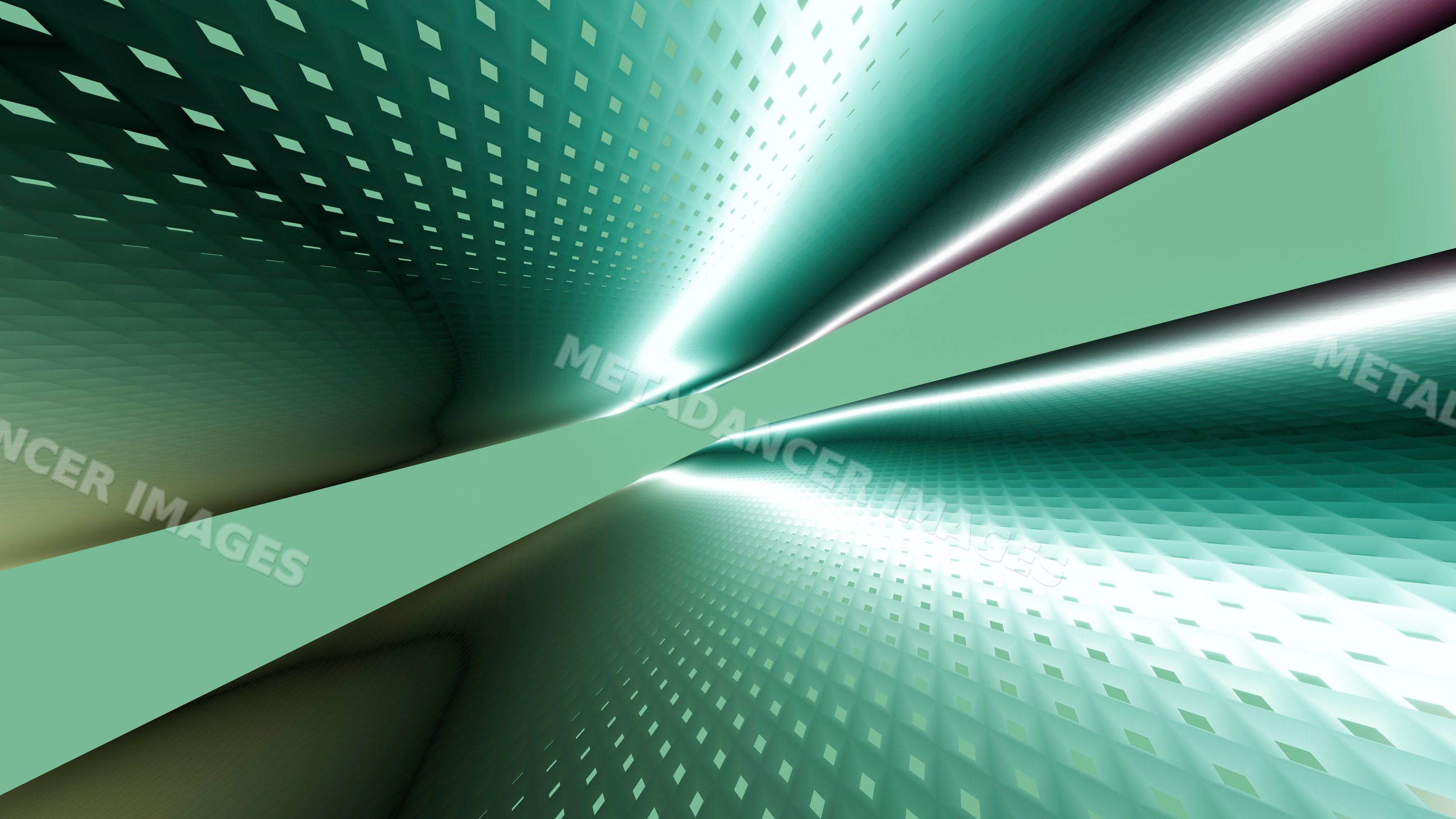Abstract digital tunnel with green gradient and geometric pattern