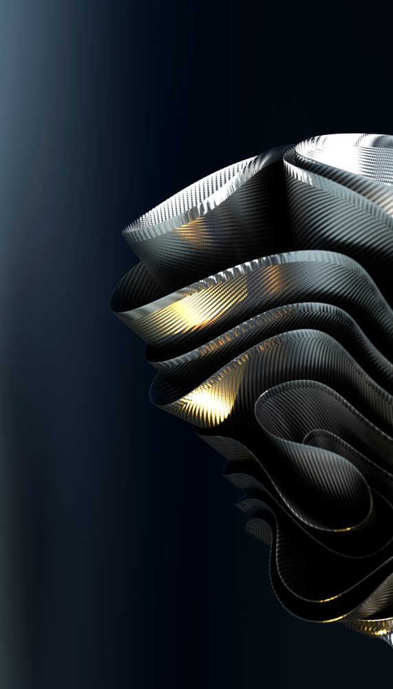 Abstract twisted metallic sculpture with reflective textured surface