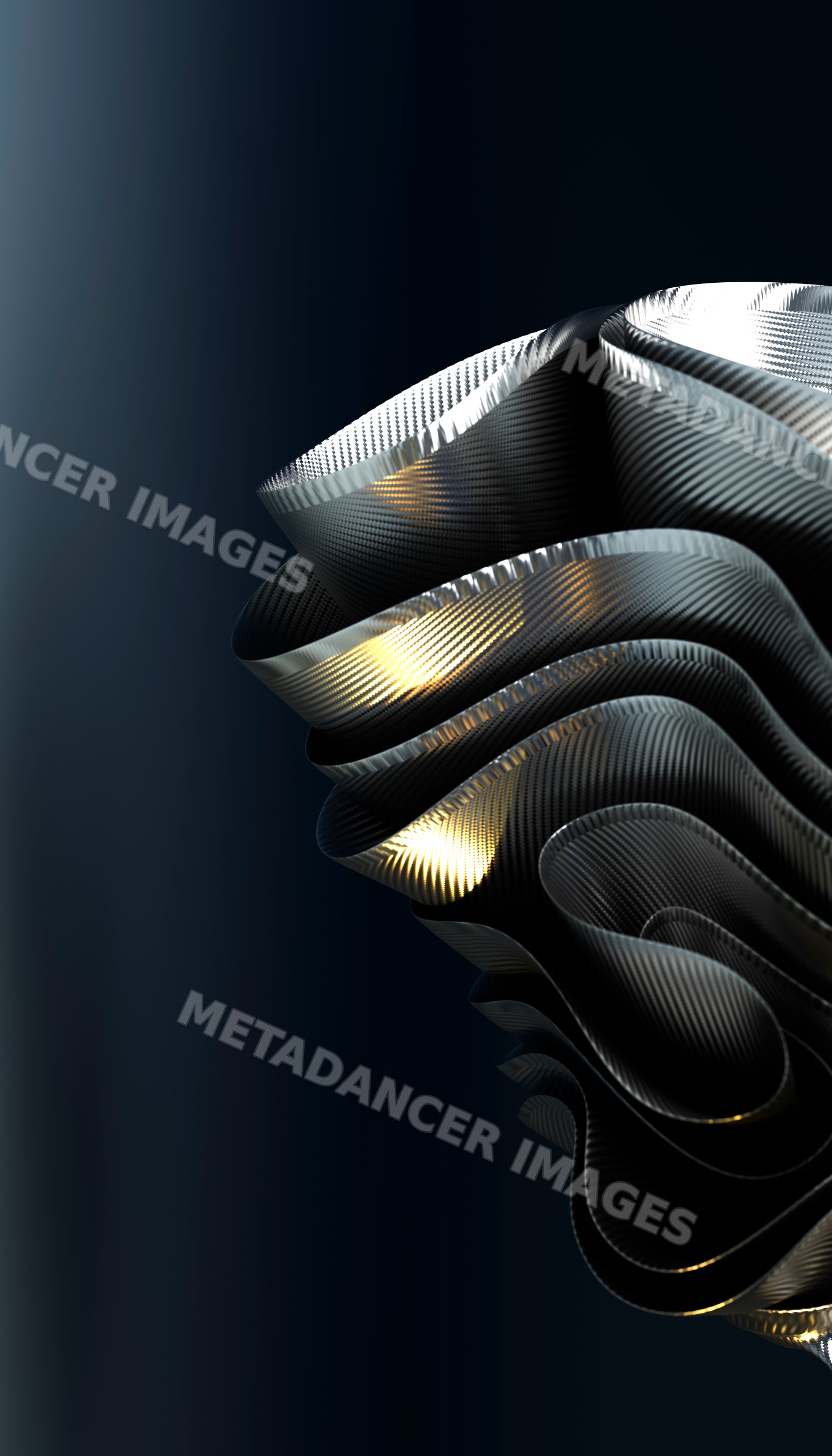 Abstract twisted metallic sculpture with reflective textured surface