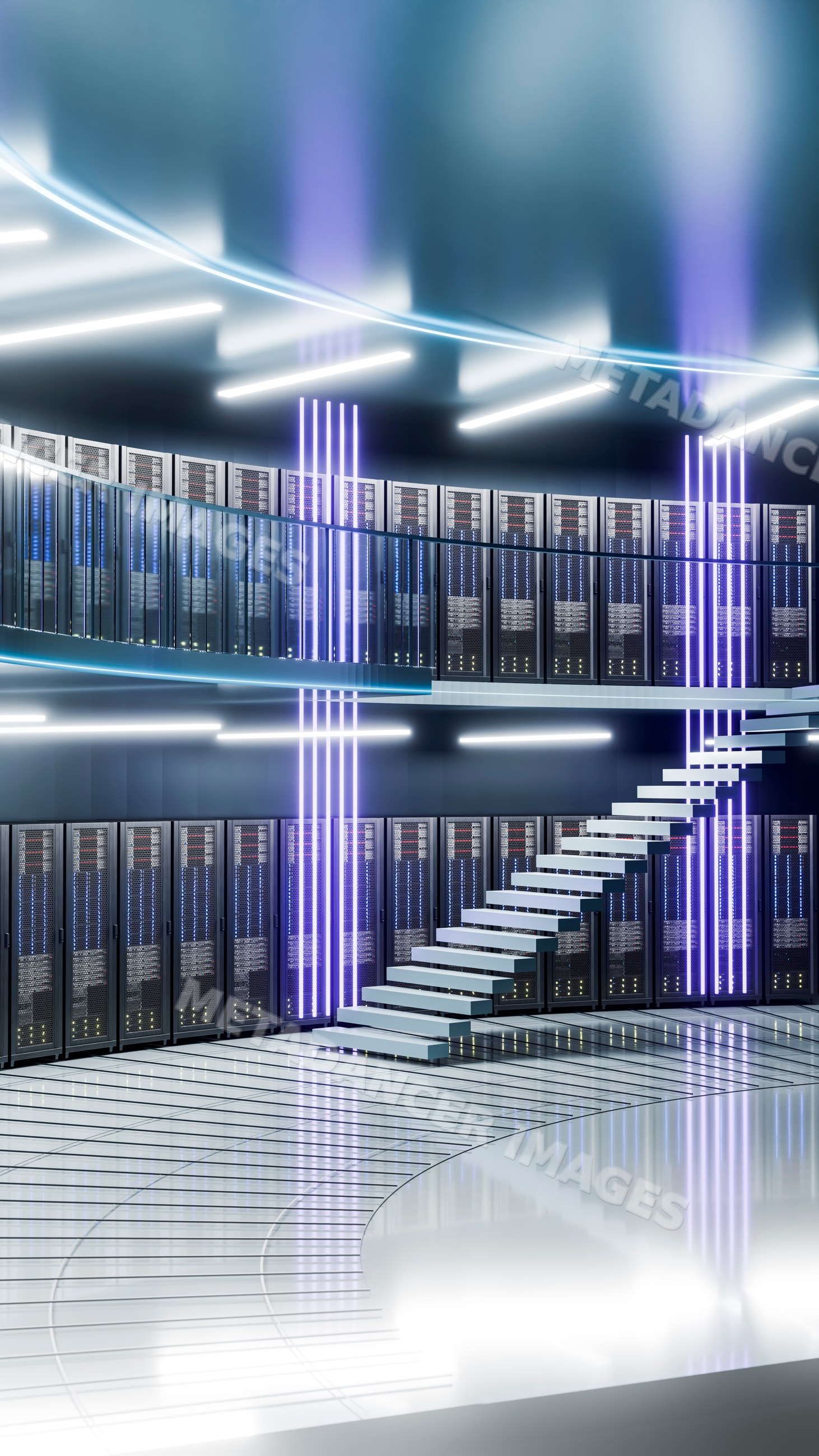 Modern data center interior with floating staircase and server racks