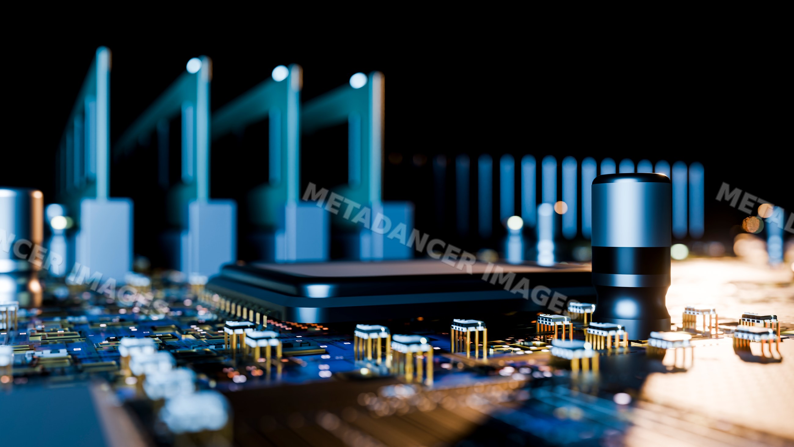 Close-up of electronic components and microchip on circuit board