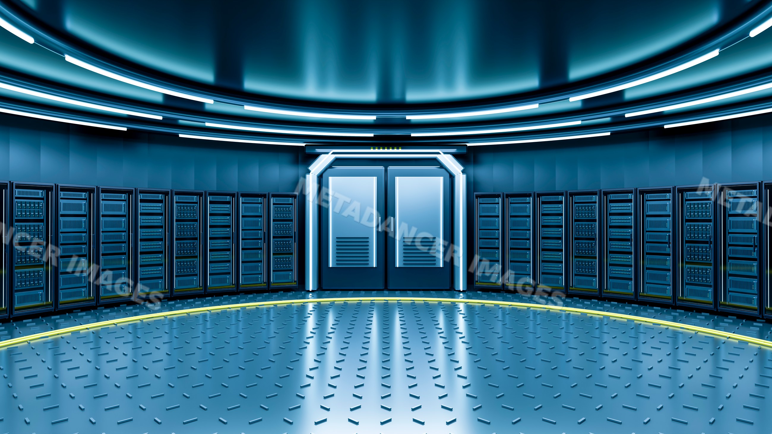Digital data center with server racks and blue neon lighting