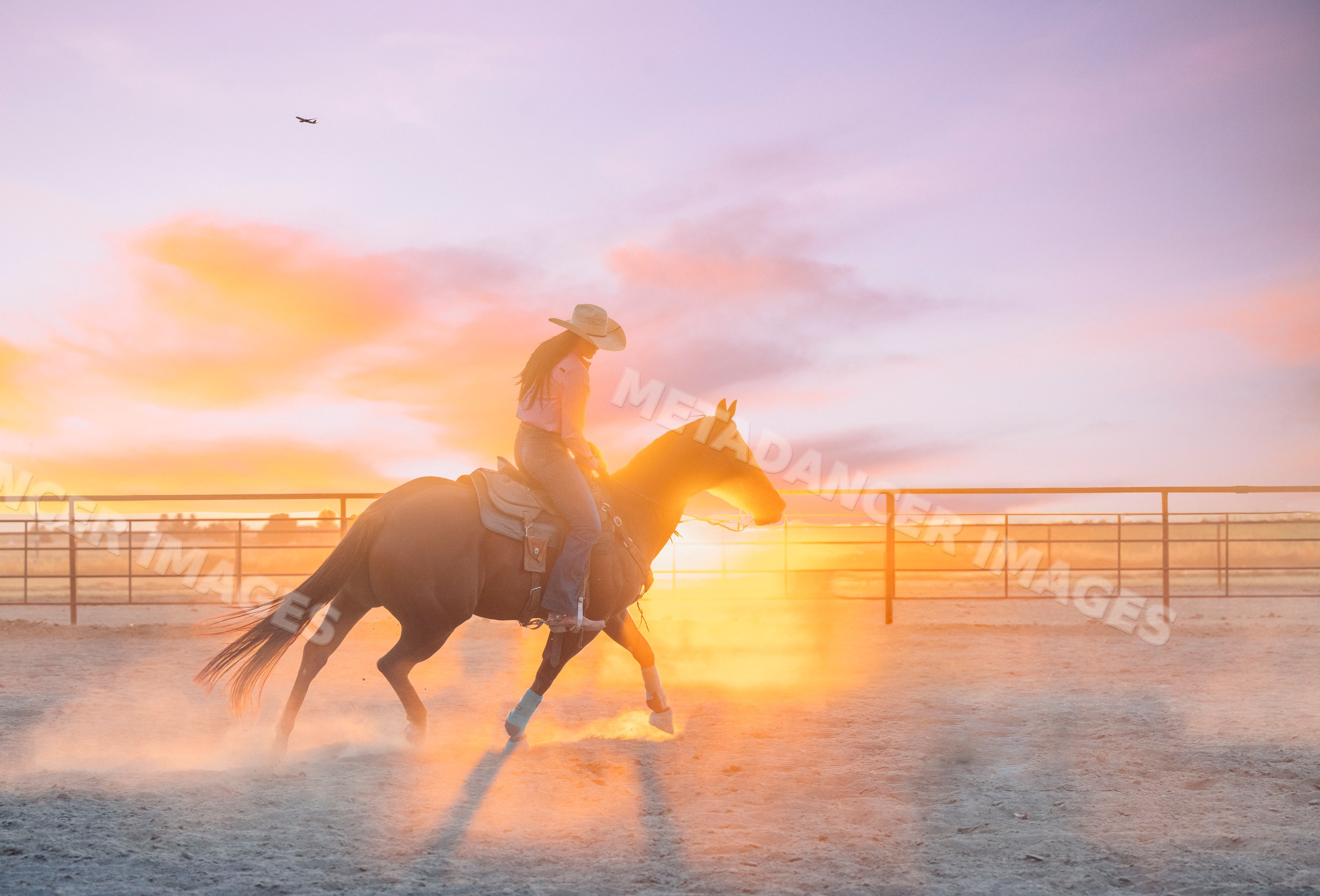 Horseback rider in dusty arena at sunset