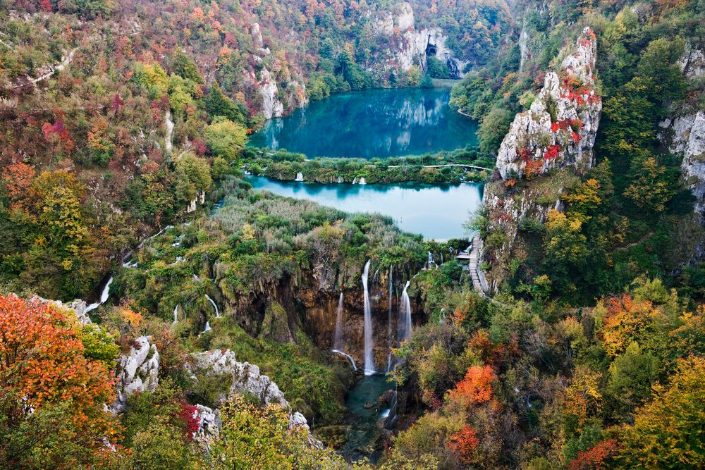 Waterfall flowing through autumn forest, croatia