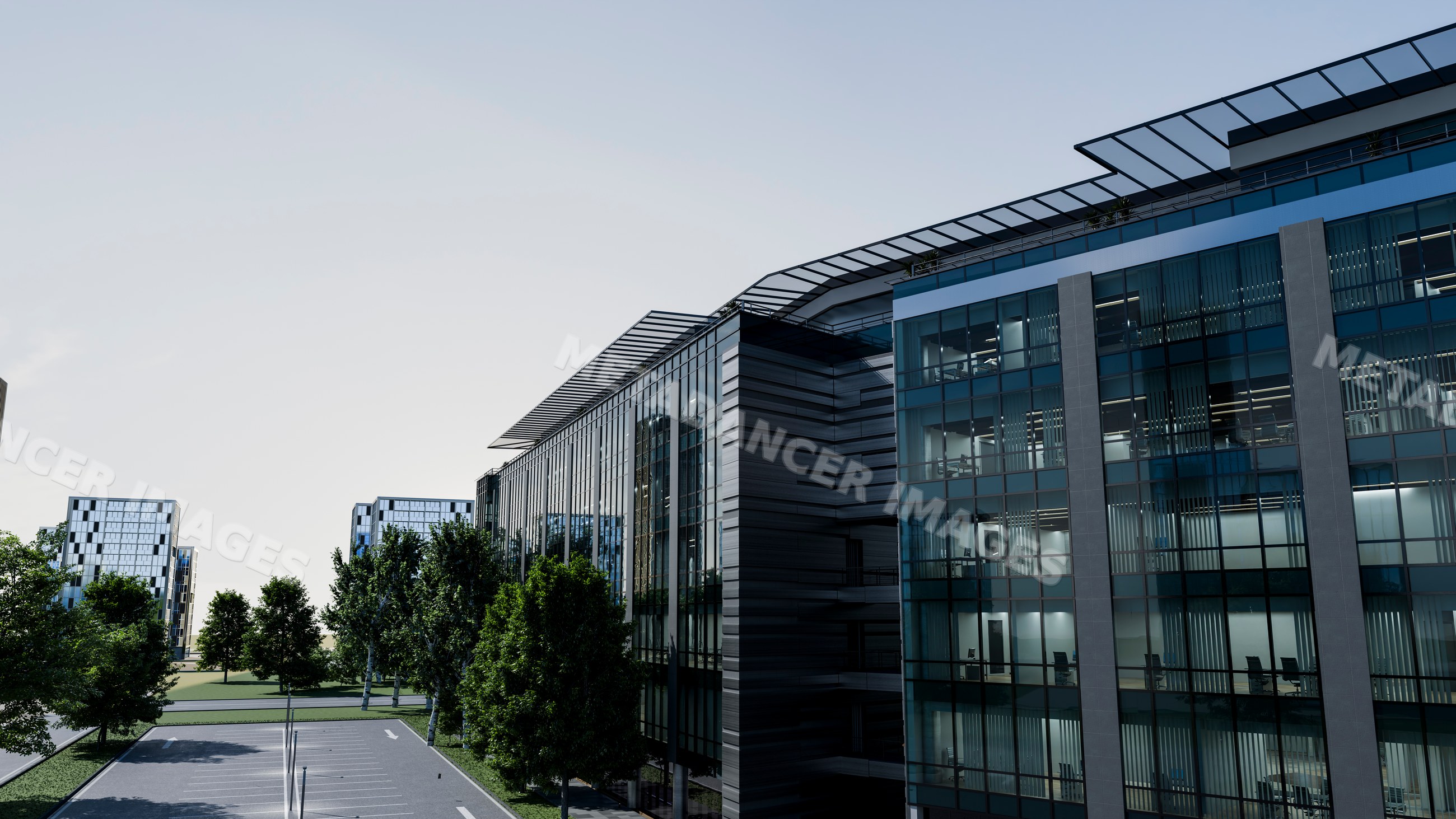 Modern office buildings with glass facades in urban business district