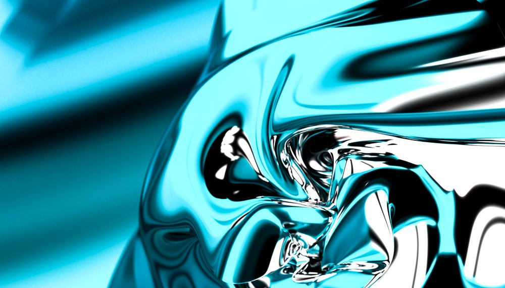 Liquid metal surface with blue abstract fluid reflections and smooth