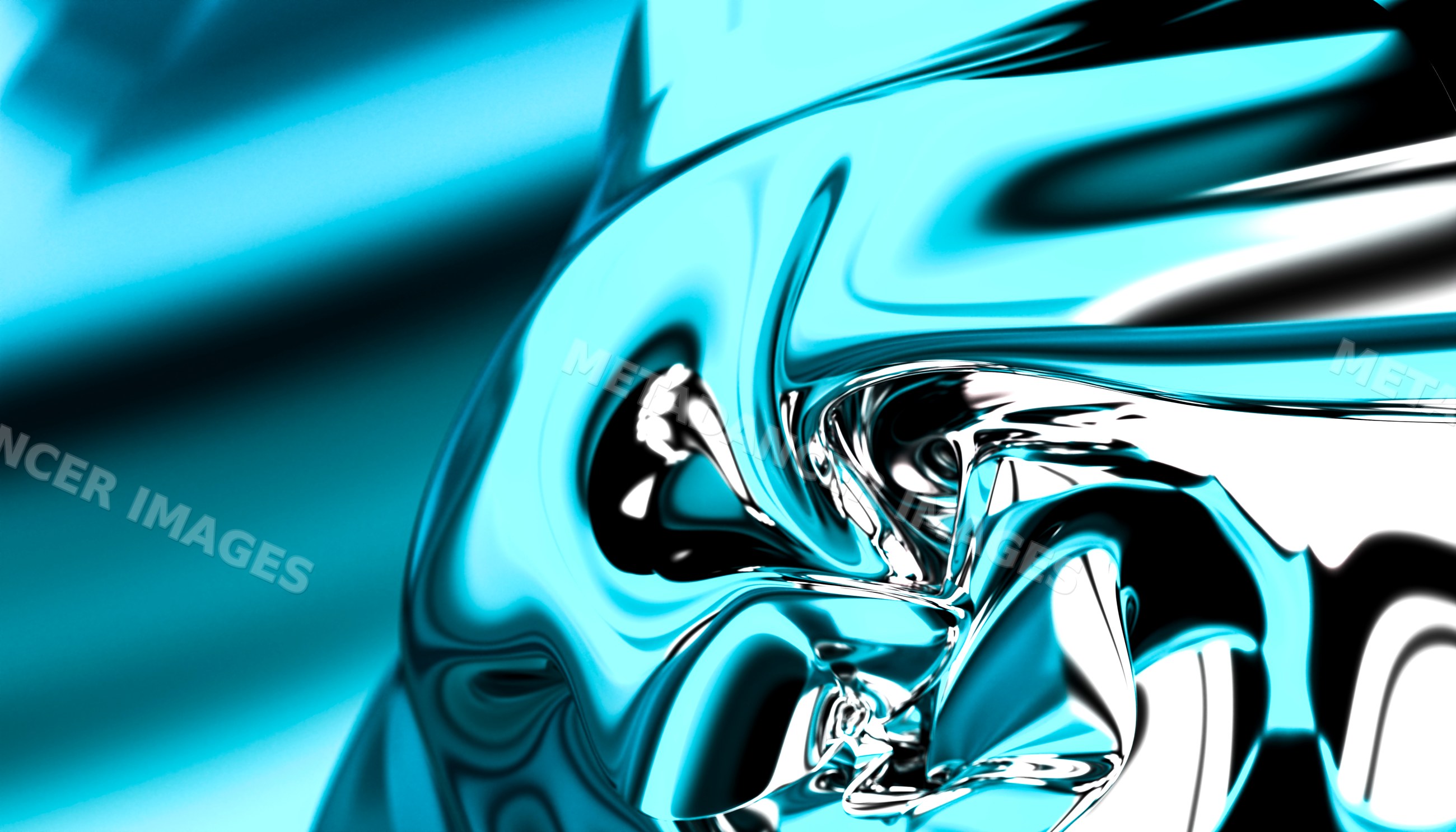 Liquid metal surface with blue abstract fluid reflections and smooth