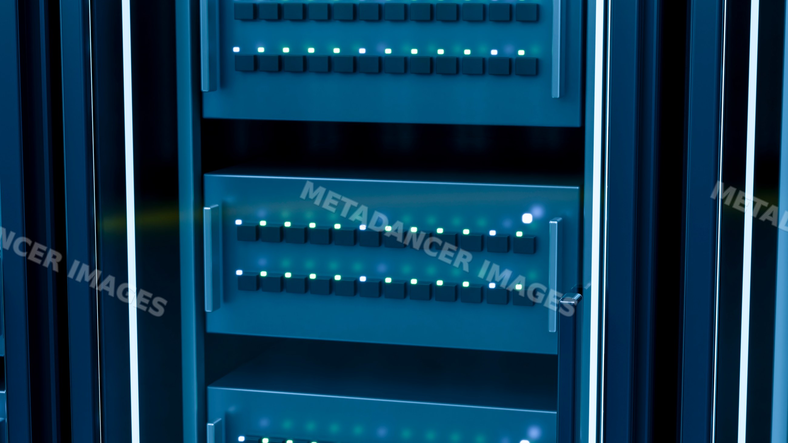 Server rack with led indicators in data center technology setup