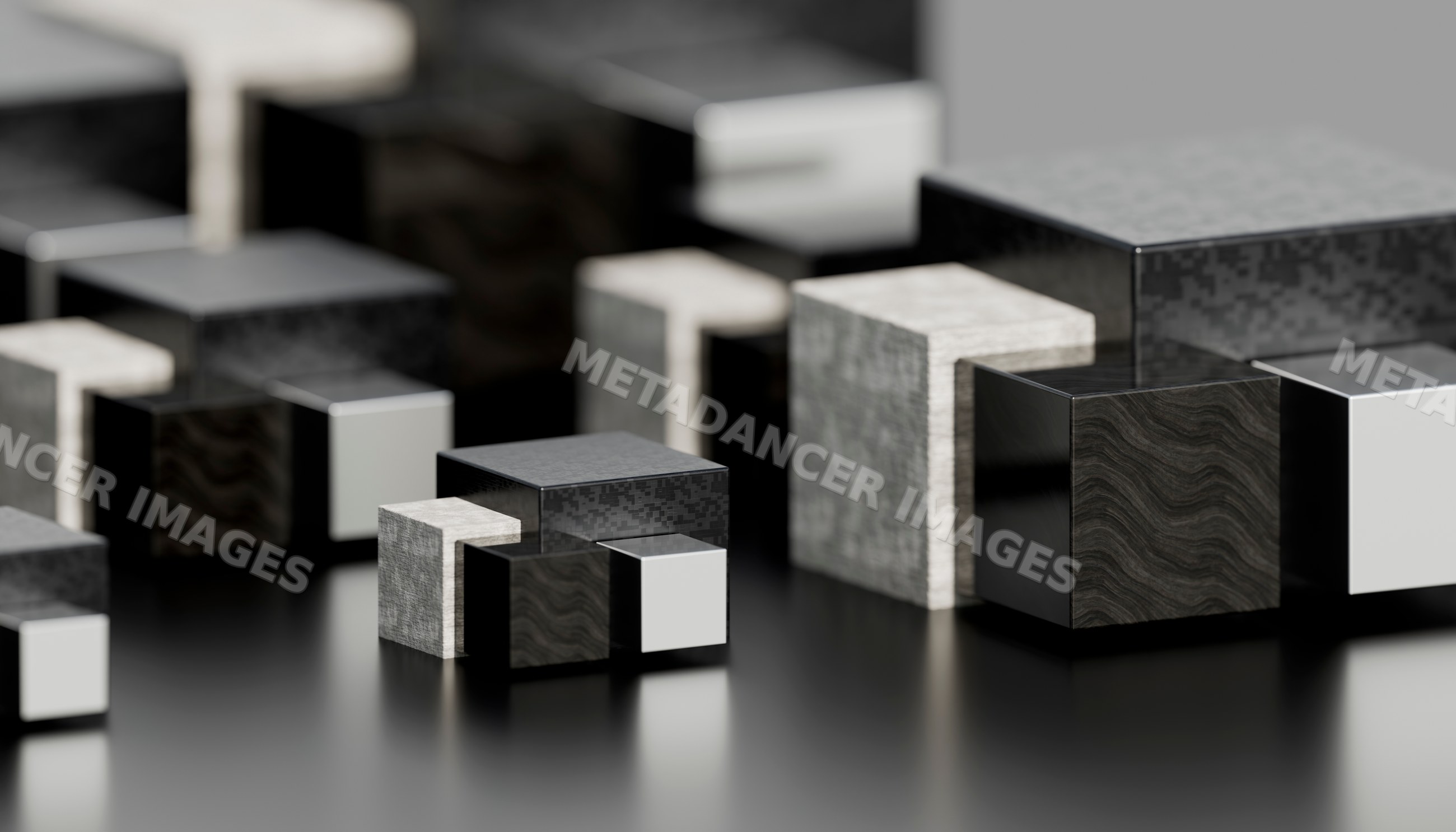 Digital rendering of black and gray abstract cubes arranged