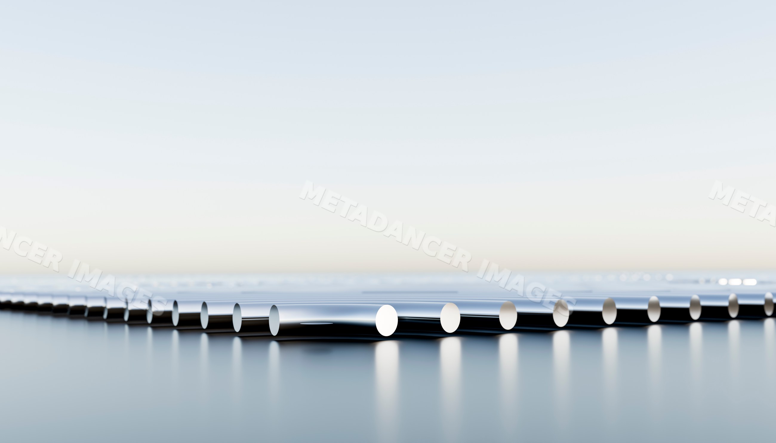 Chrome metal tubes horizontally arranged on reflective surface