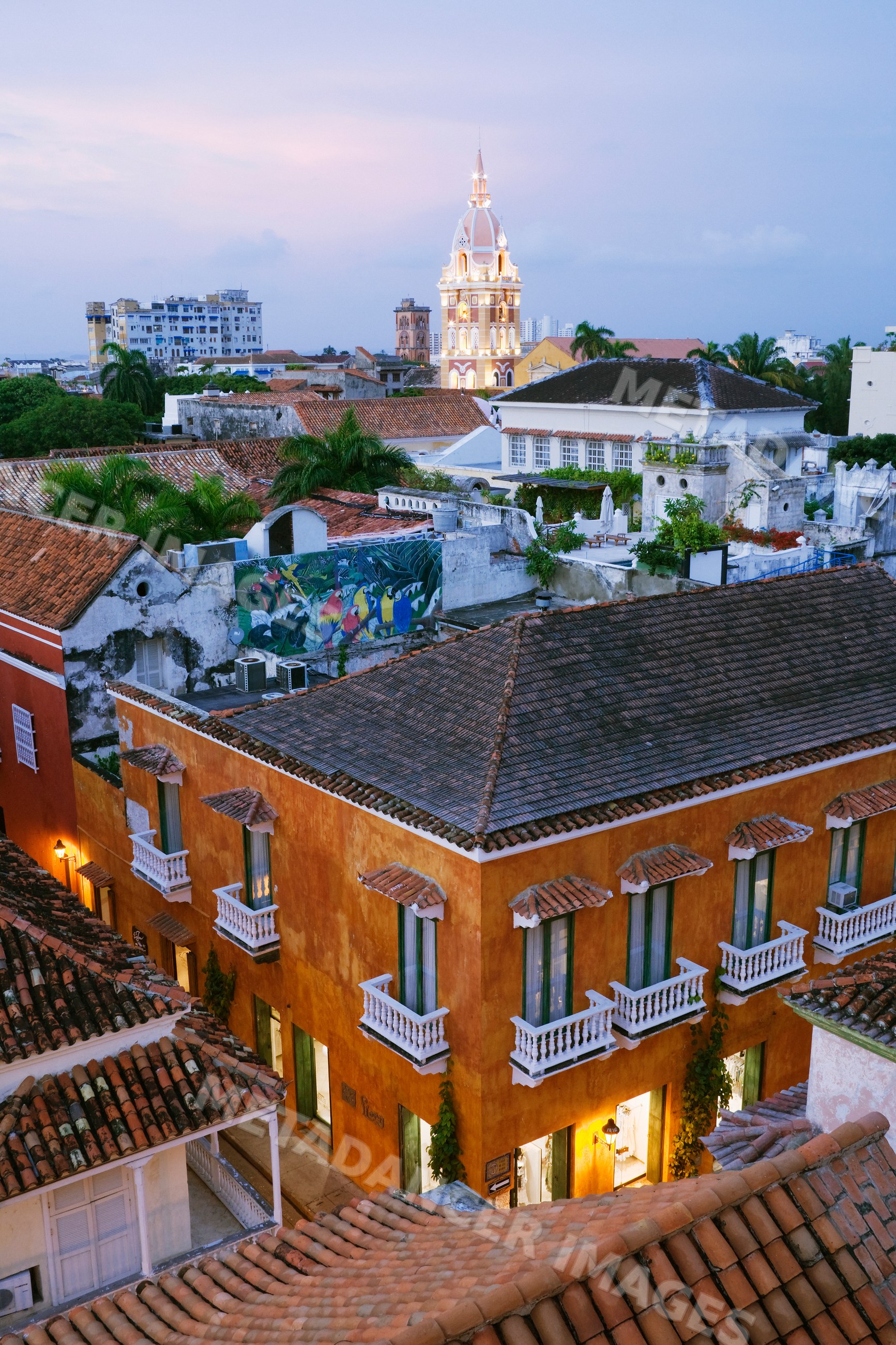 Cartagena cathedral and rooftops at sunset colombia