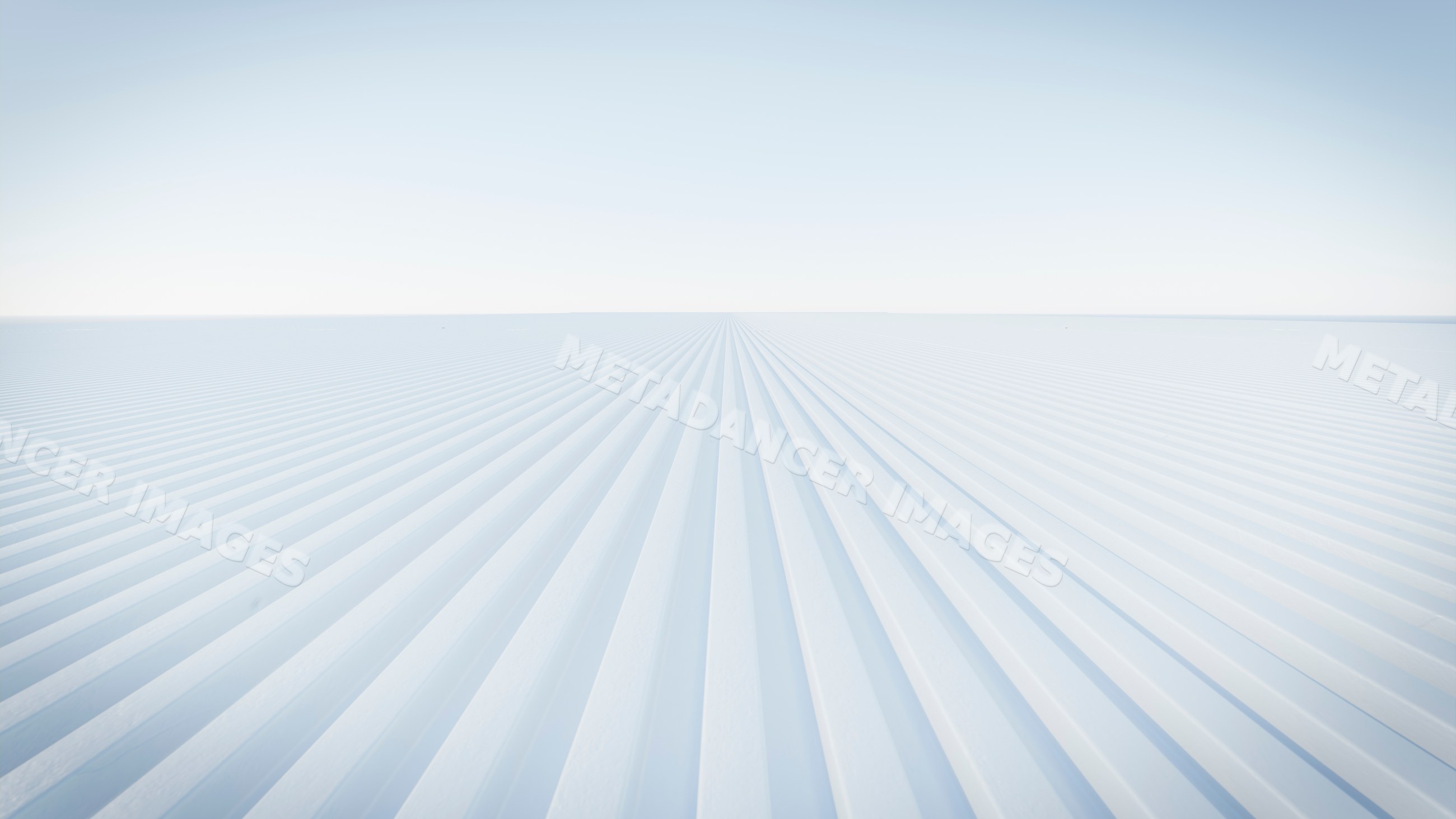 Industrial corrugated metal roof panels under blue sky