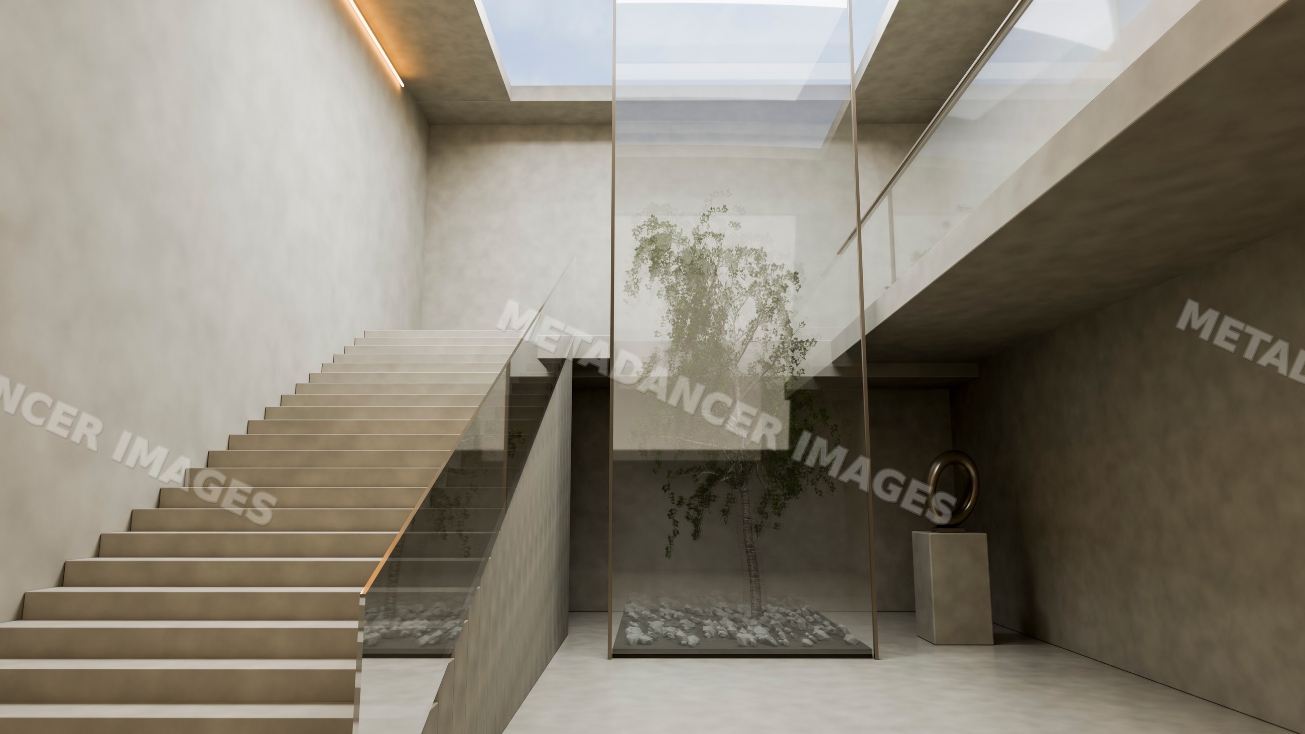 Modern minimalist interior with concrete staircase and indoor tree
