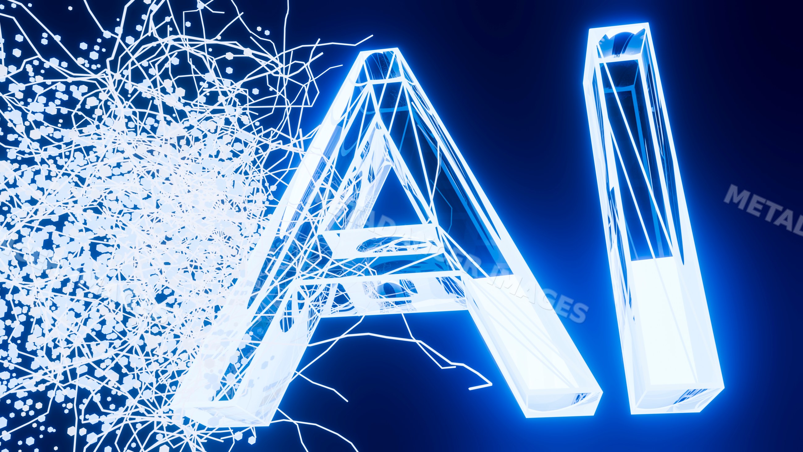 Glowing 3d ai letters with digital network connections