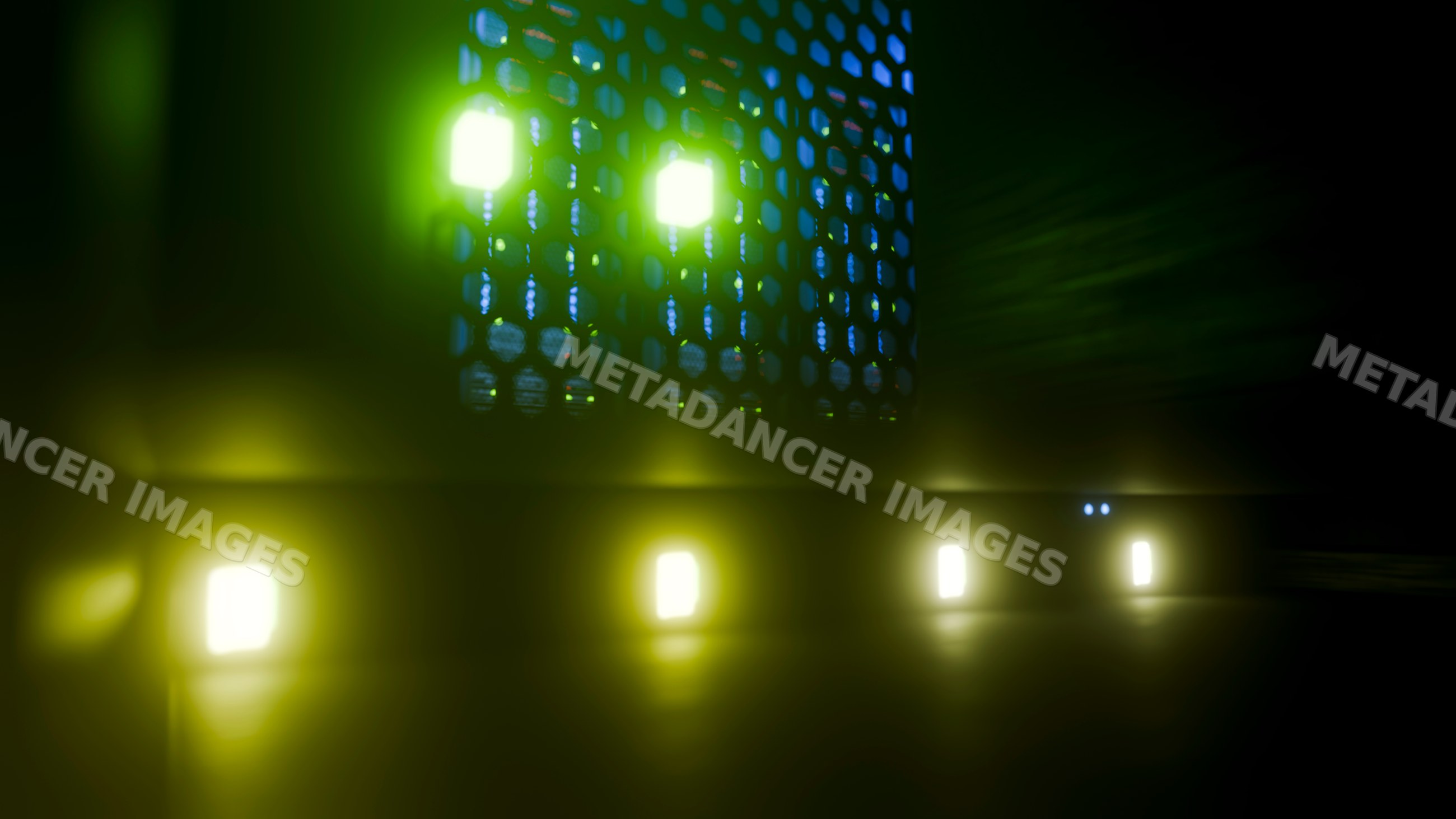 Glowing led light panels and digital grid display in dark room