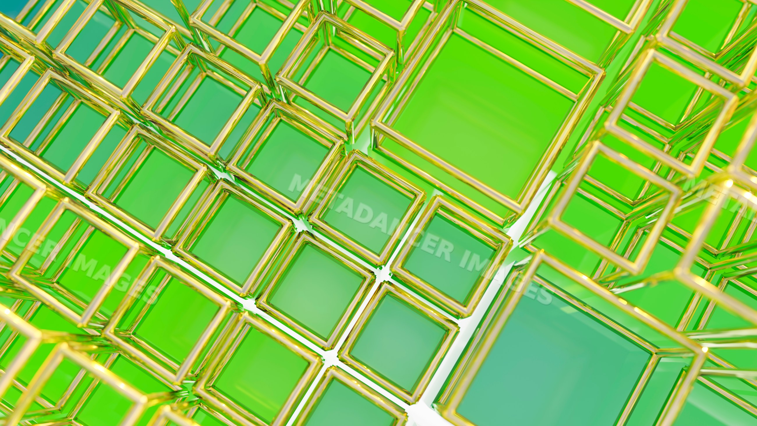 Cluster of green transparent glass cubes with golden edges
