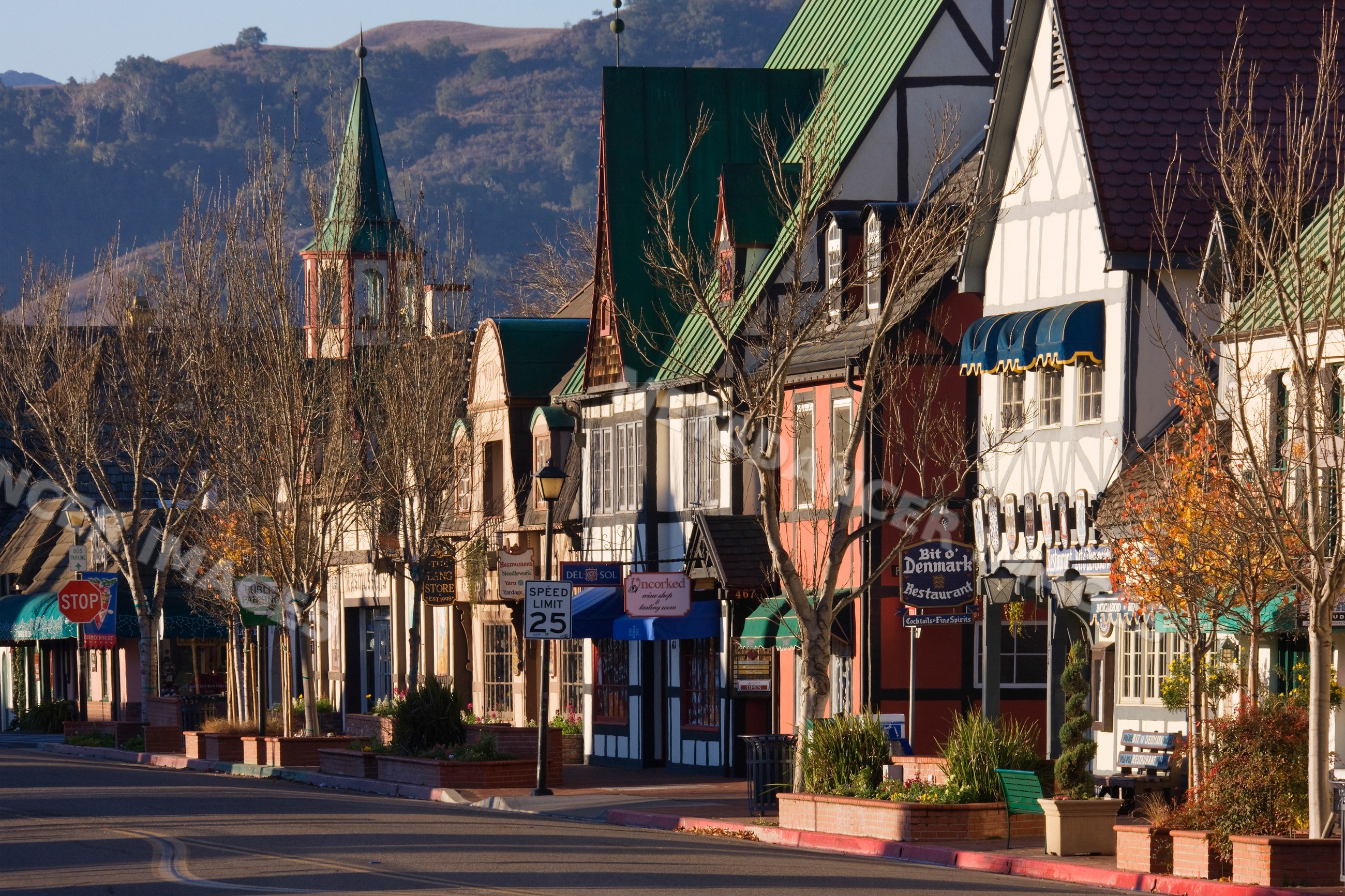 Historic european-style street scene with church steeple