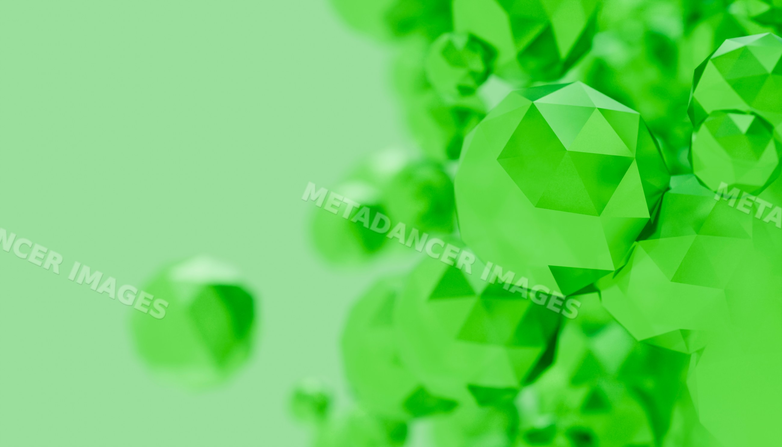 Green abstract faceted crystals clustered against smooth green
