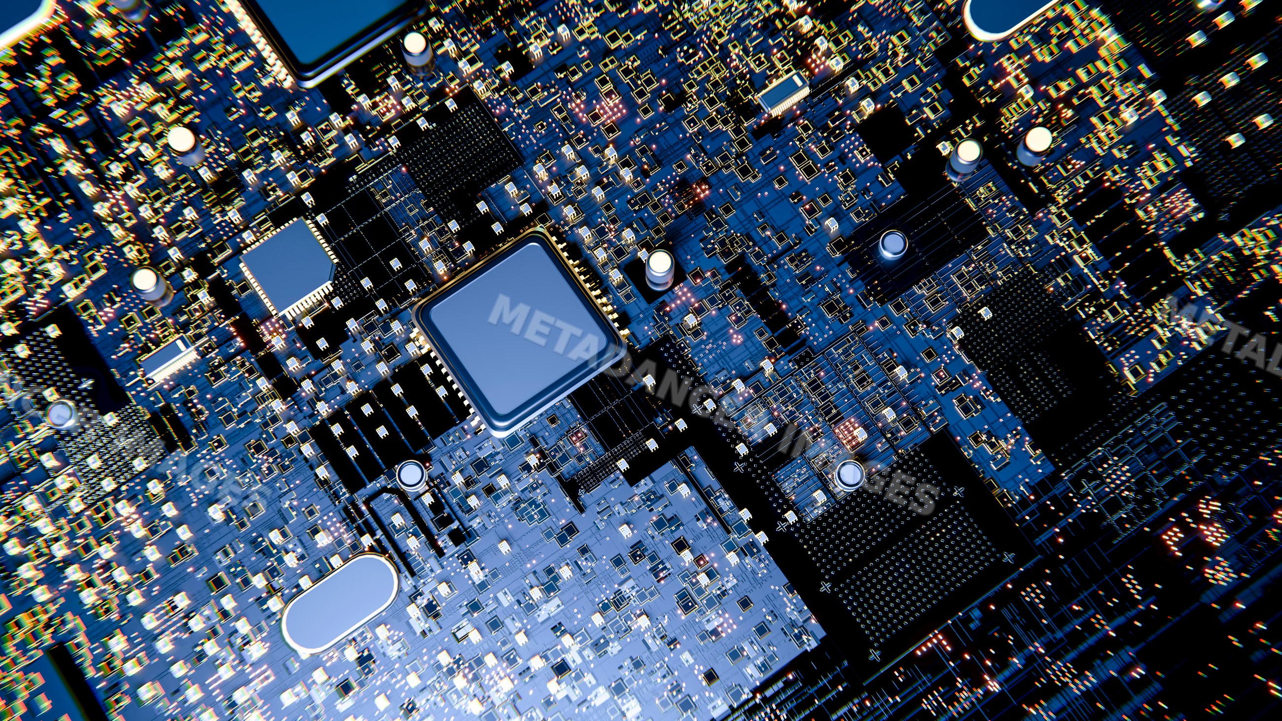 Digital illustration of a computer circuit board with microchips