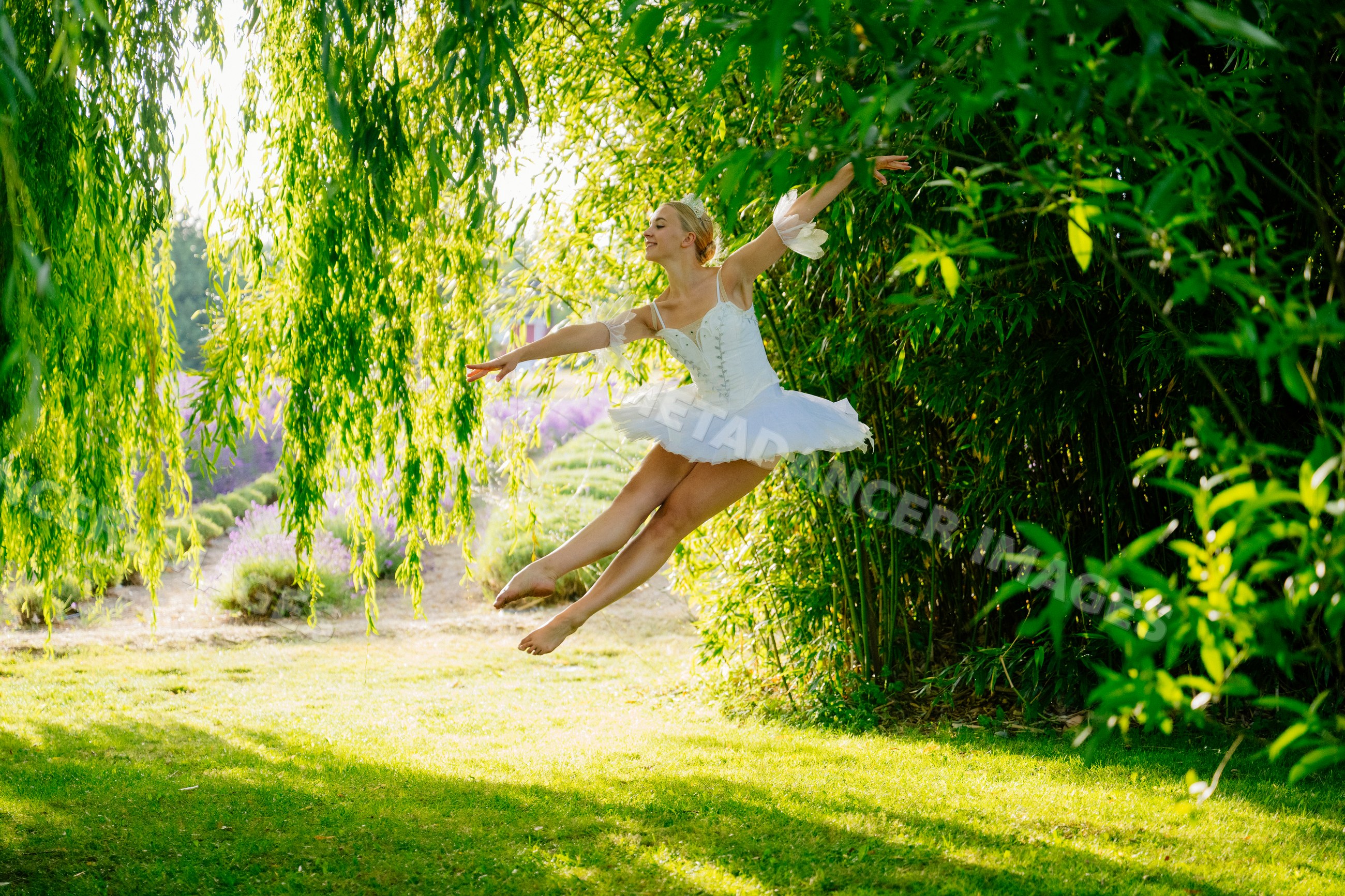 A ballerina leaps gracefully in a lush green outdoor setting in wa USA