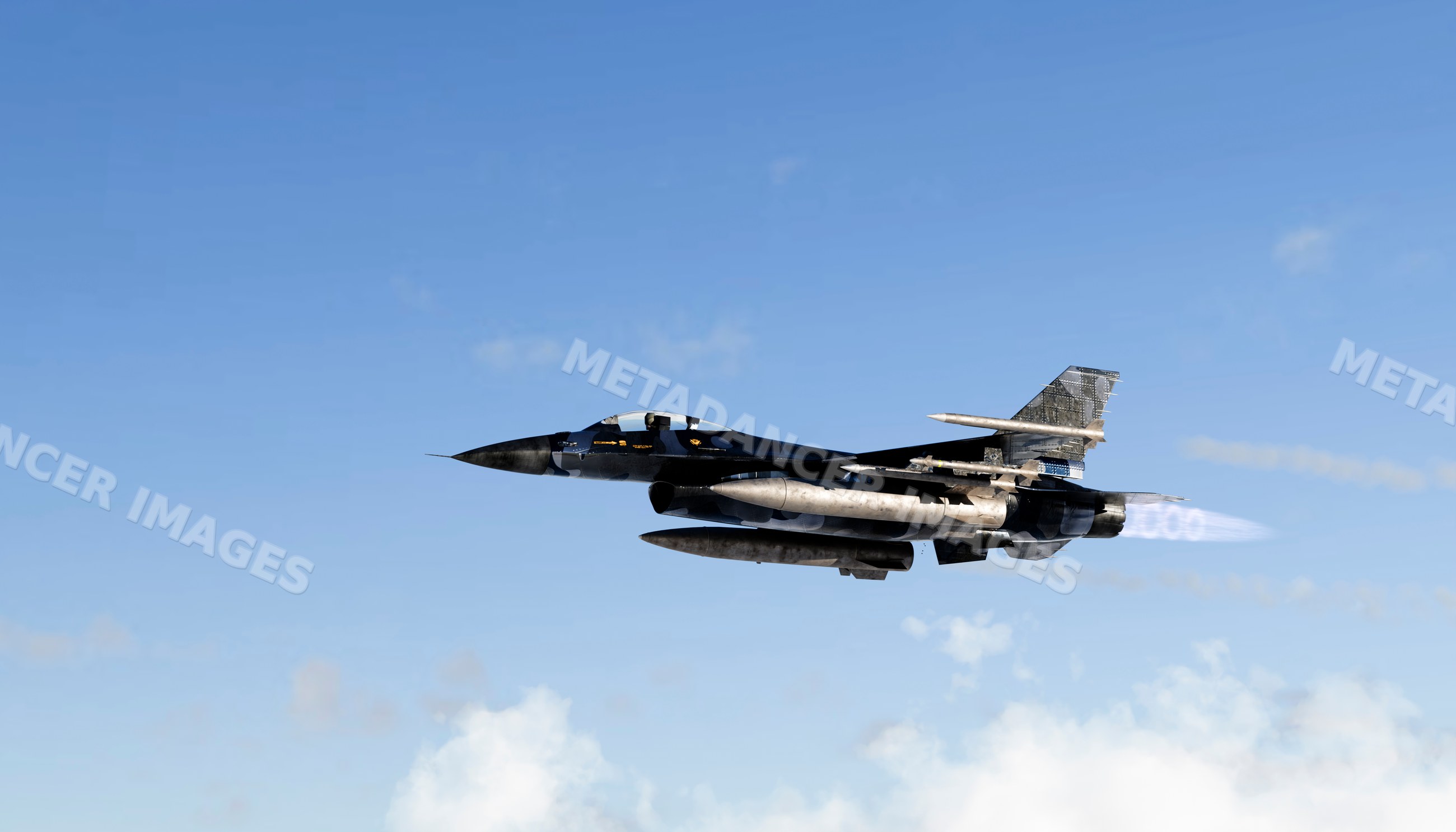 A military fighter jet flying at high speed with afterburners engaged