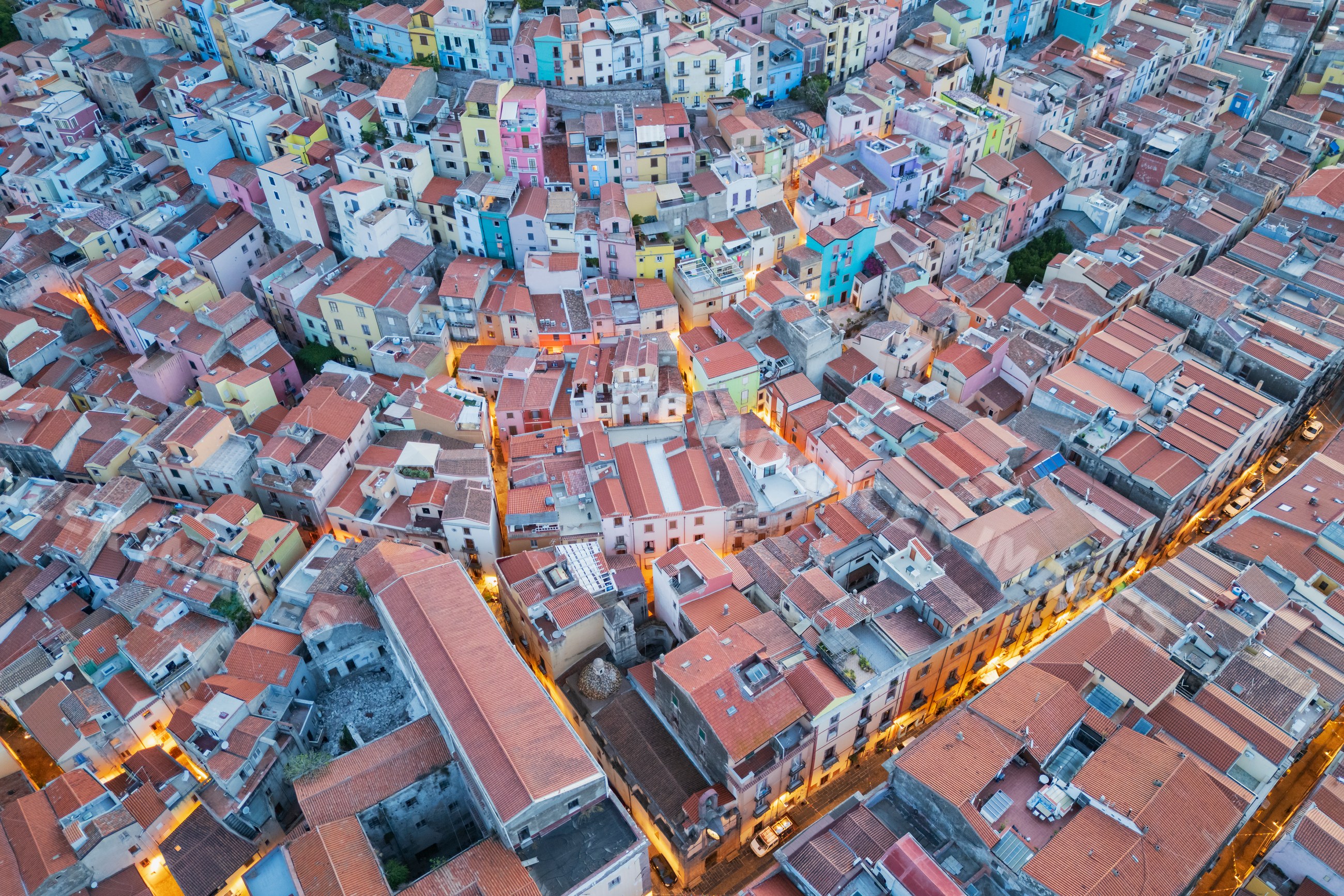 Aerial view of colorful rooftops in the town of Bosa, sardinia
