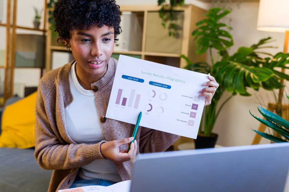 African American woman presenting survey results infographic