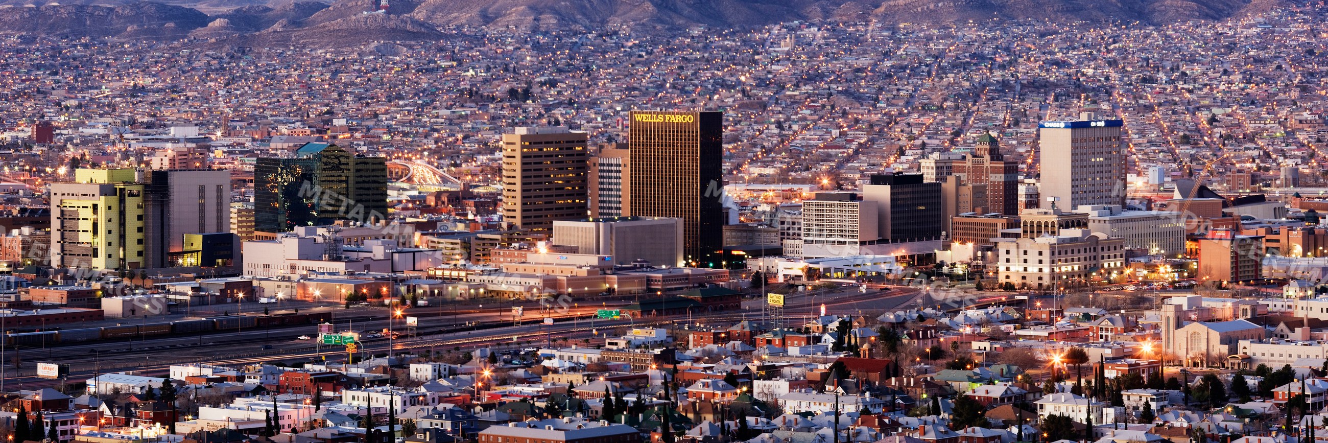 Cityscape of el paso, texas, and juarez, mexico at dusk