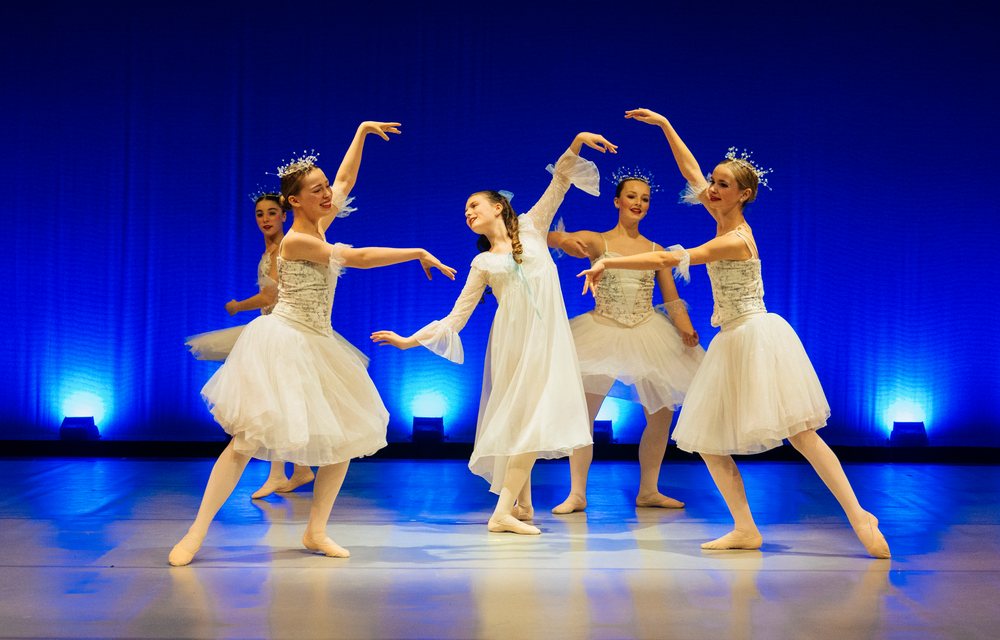 Five female ballet dancers perform