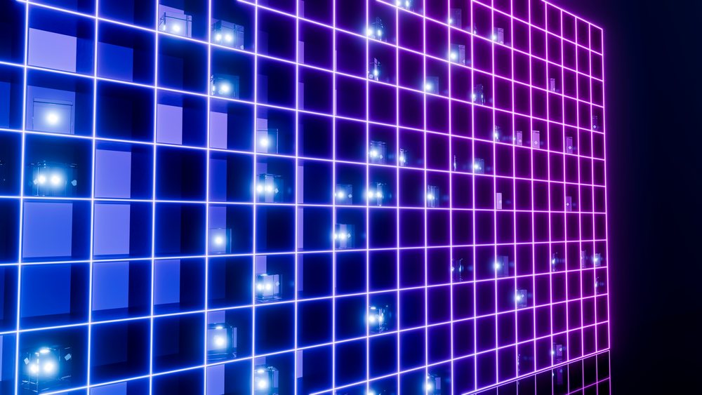 Glowing neon grid with illuminated cubes in a digital 3d composition