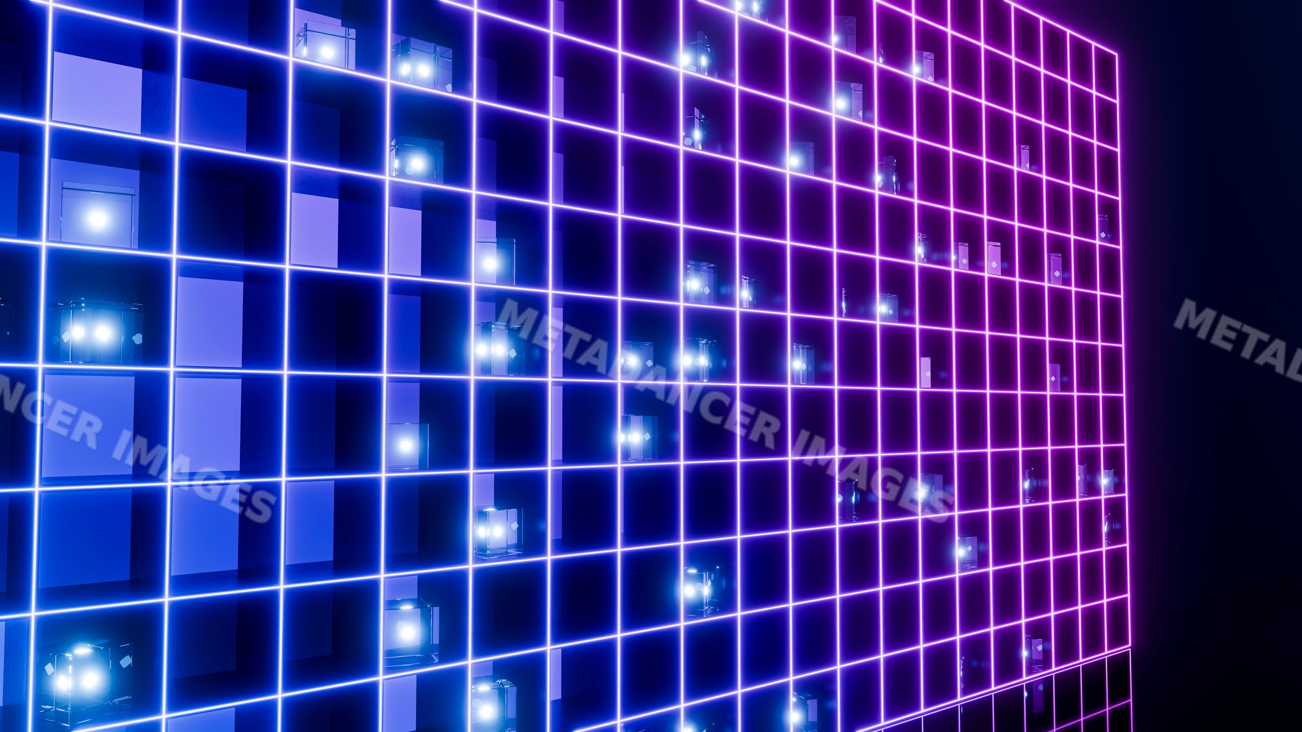 Glowing neon grid with illuminated cubes in a digital 3d composition