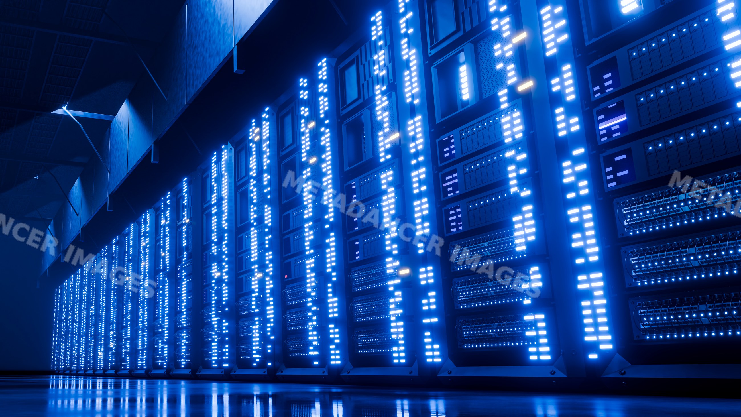 Server racks illuminated with blue led lights